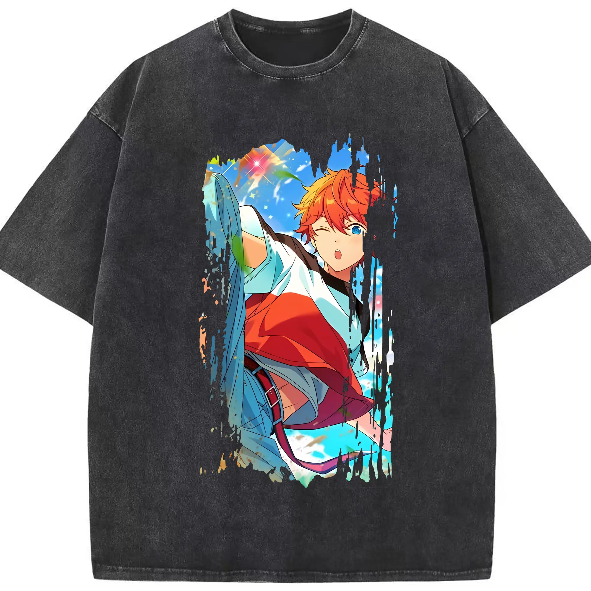 あんさん ぶる グッズ Trickstar 明星スバル - 綿100％ ヴィンテージ風 半袖Tシャツ ・ フロントプリント ・ 柔らか肌触り ・ 通気性 快適 ・ スポーツ カジュアル 外出用