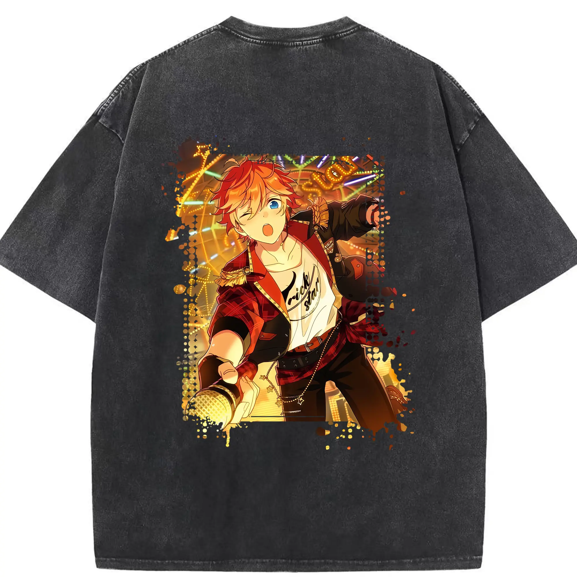 あんさん ぶる グッズ Trickstar 明星スバル - 綿100％ ヴィンテージ風 半袖Tシャツ ・ 背面プリント ・ 柔らか肌触り ・ 通気性 快適 ・ スポーツ カジュアル 外出用