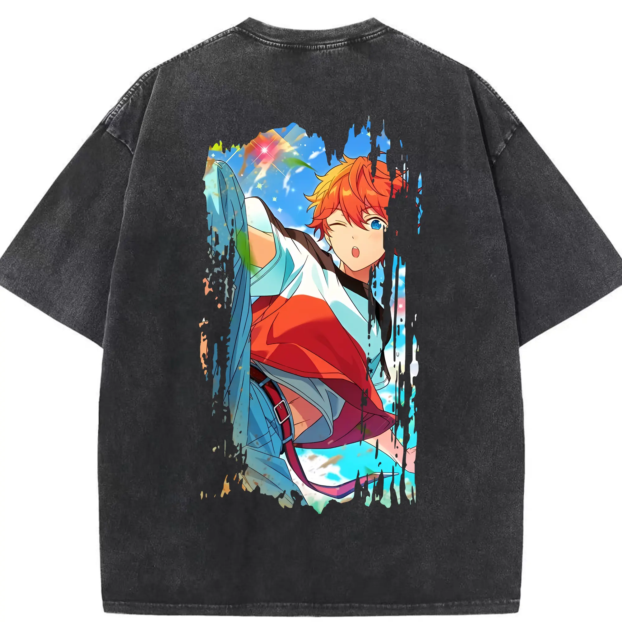 あんさん ぶる グッズ Trickstar 明星スバル - 綿100％ ヴィンテージ風 半袖Tシャツ ・ 背面プリント ・ 柔らか肌触り ・ 通気性 快適 ・ スポーツ カジュアル 外出用