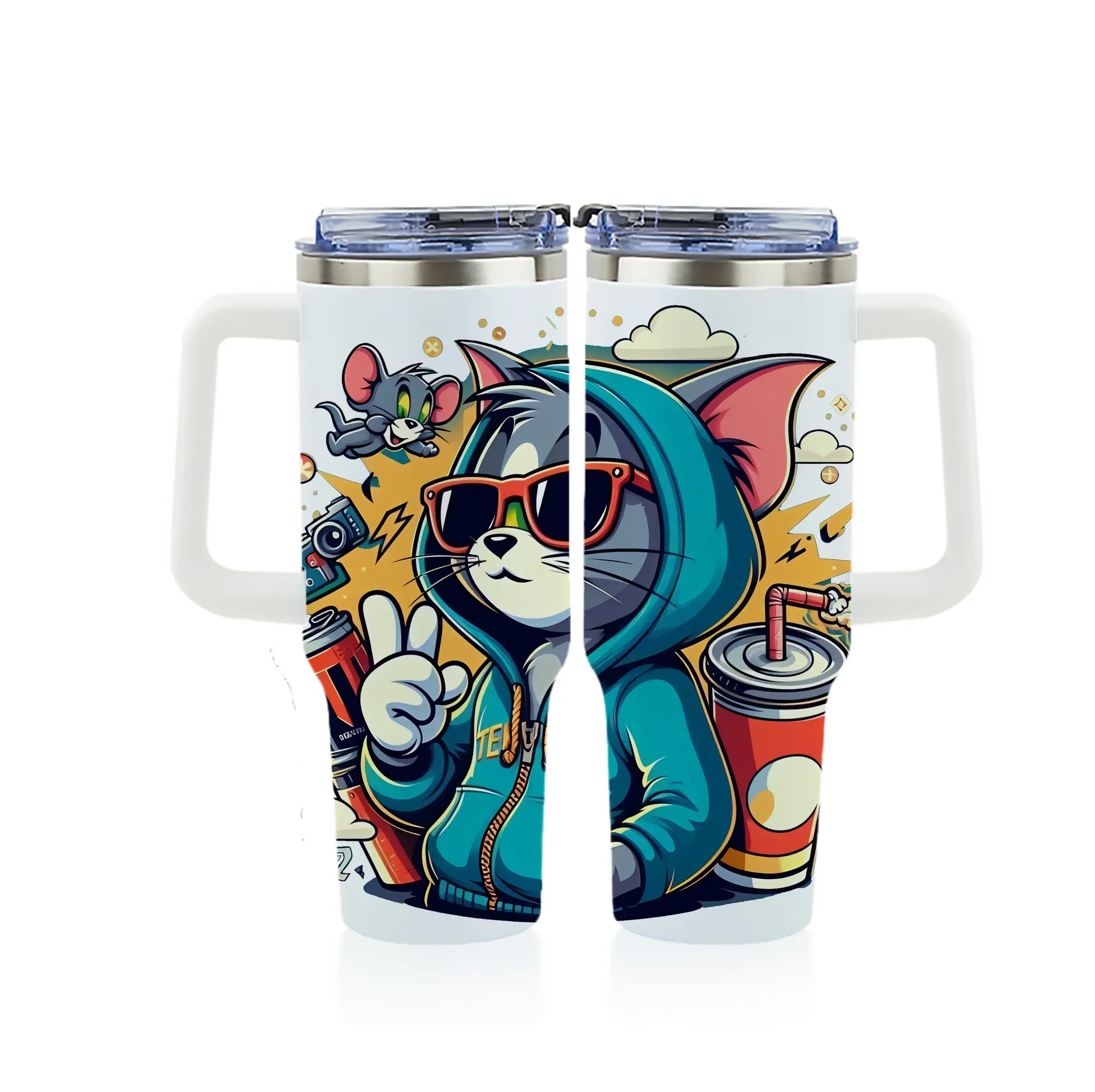 トムとジェリー グッズ トム - 1200mL フルプリント車用タンブラー ・ 304ステンレス 内側 ・ 201ステンレス 外側 ・ 保温 保冷 ・ 通勤 ドライブ アウトドア用