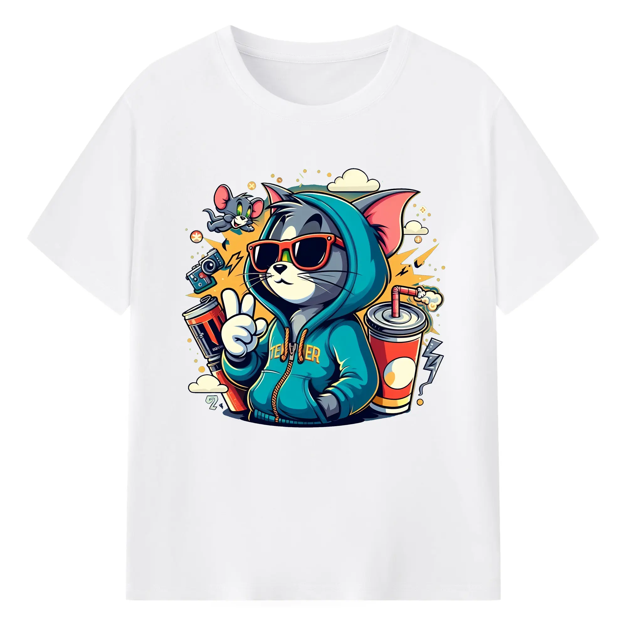 トムとジェリー グッズ トム - 綿100％ 半袖Tシャツ ・ フロントプリント ・ 快適 通気性 ・ 日常使い 散歩 スポーツ用