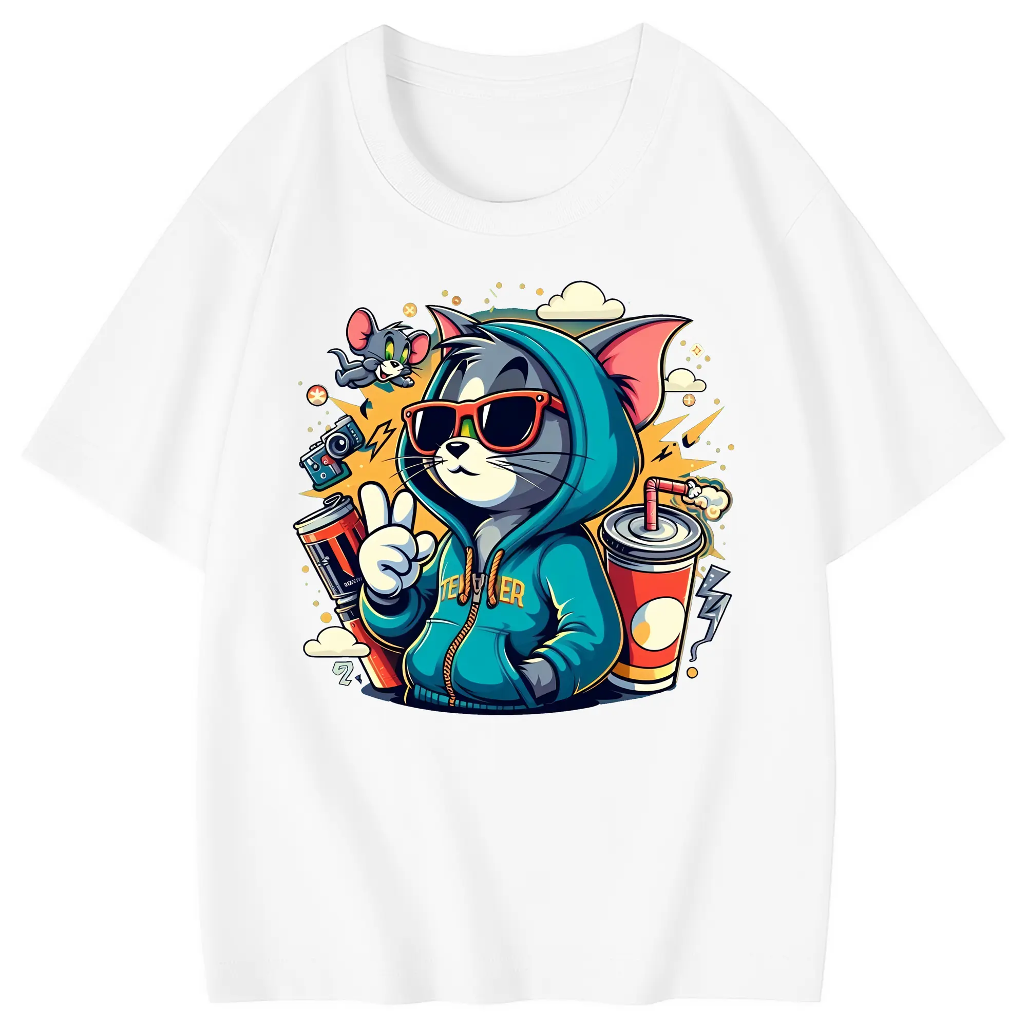 トムとジェリー グッズ トム - 綿100％ キッズTシャツ ・ フロントプリント ・ 快適 通気性 ・ スポーツ カジュアル 散歩用