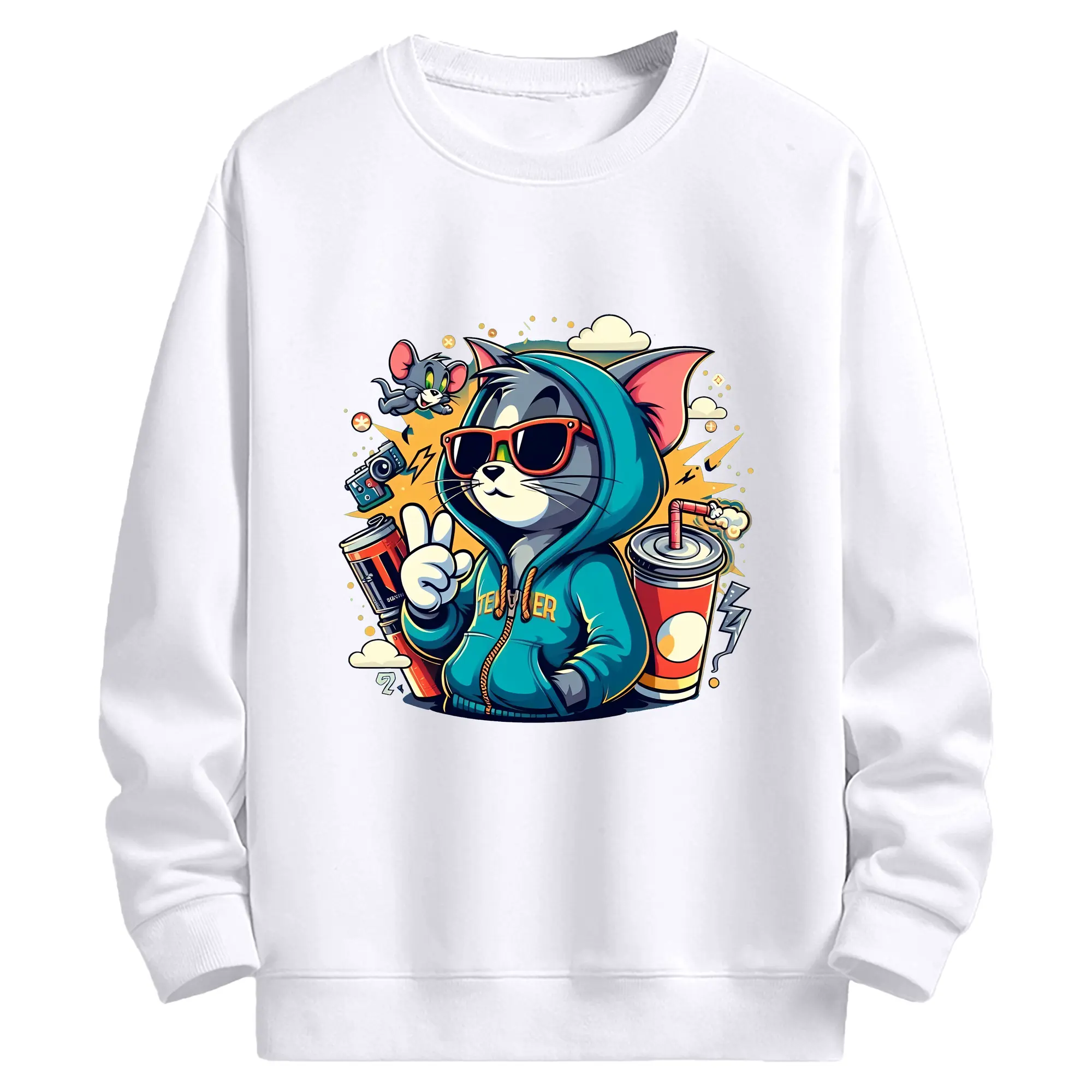 トムとジェリー グッズ トム - 高品質 クルーネック スウェット ・ コットン59％ ポリエステル41％ ・ ユニセックス 長袖 トレーナー ・ カジュアル デイリー スポーツ 散歩用