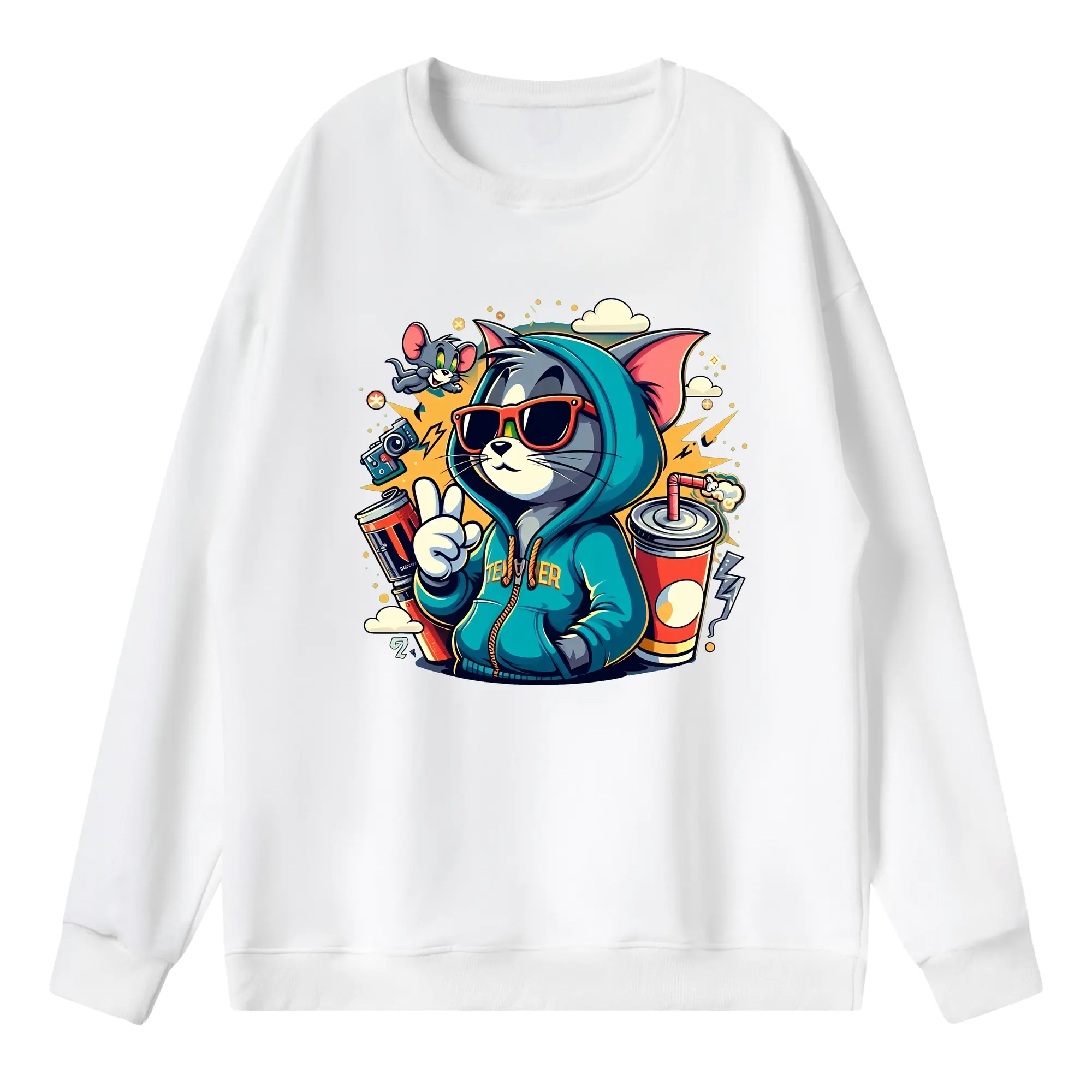 トムとジェリー グッズ トム - 薄手 クルーネック スウェット 裏毛260g · ポリエステル 春秋向け カジュアル 男女兼用 · トレーナー デイリー スポーツ 散歩に最適