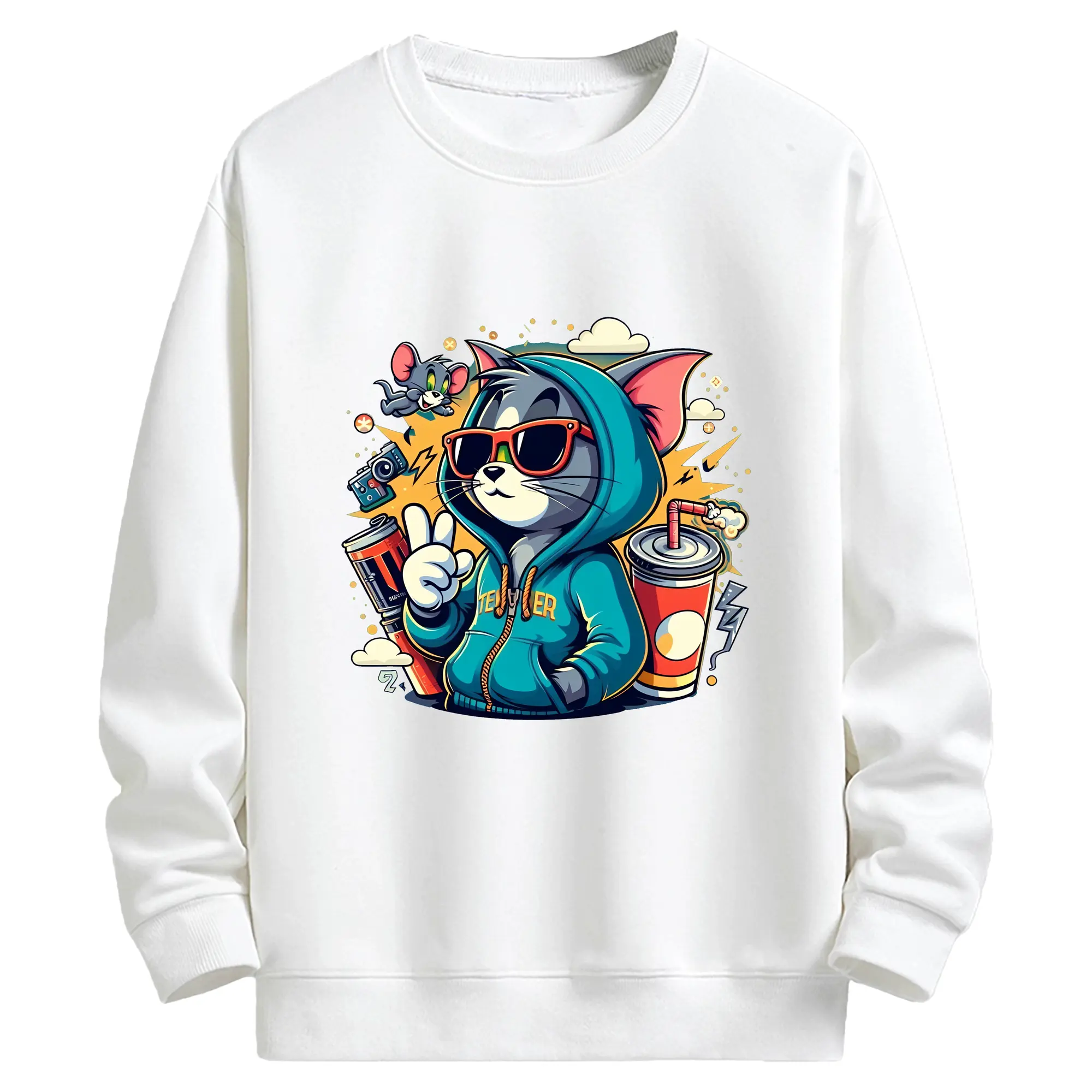 トムとジェリー グッズ トム - キッズ クルーネックスウェットシャツ ・ フロントプリント ・ 綿80％ ポリエステル20％ ・ 快適 通学 スポーツ 日常使い お散歩用