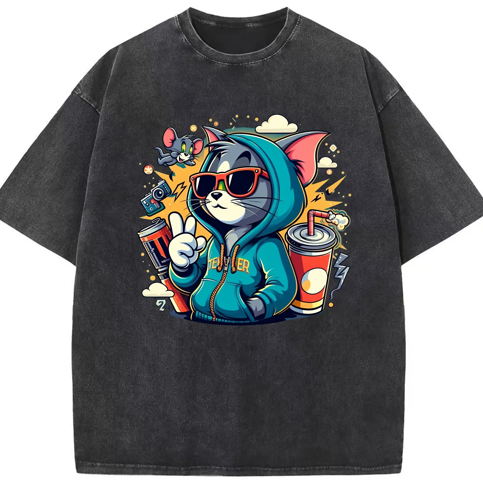 トムとジェリー グッズ トム - 綿100％ ヴィンテージ風 半袖Tシャツ ・ フロントプリント ・ 柔らか肌触り ・ 通気性 快適 ・ スポーツ カジュアル 外出用