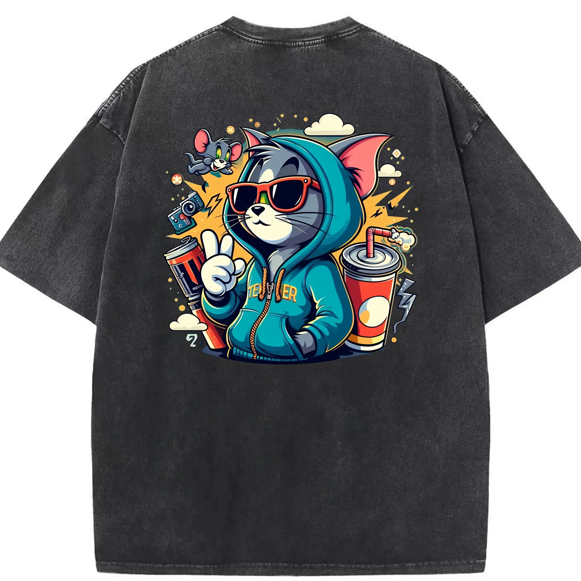 トムとジェリー グッズ トム - 綿100％ ヴィンテージ風 半袖Tシャツ ・ 背面プリント ・ 柔らか肌触り ・ 通気性 快適 ・ スポーツ カジュアル 外出用