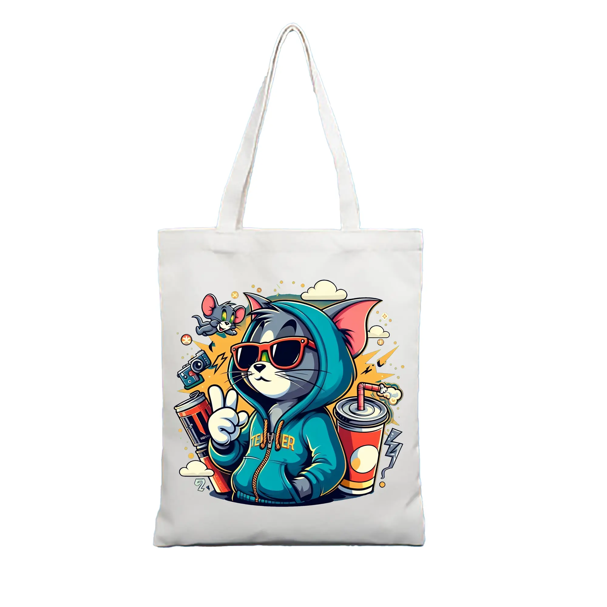 トムとジェリー グッズ トム - 縦型キャンバス手提げバッグ（トートバッグ） ・ キャンバス素材 ・ ショッピング用 ・ 軽量 丈夫 お手入れ簡単