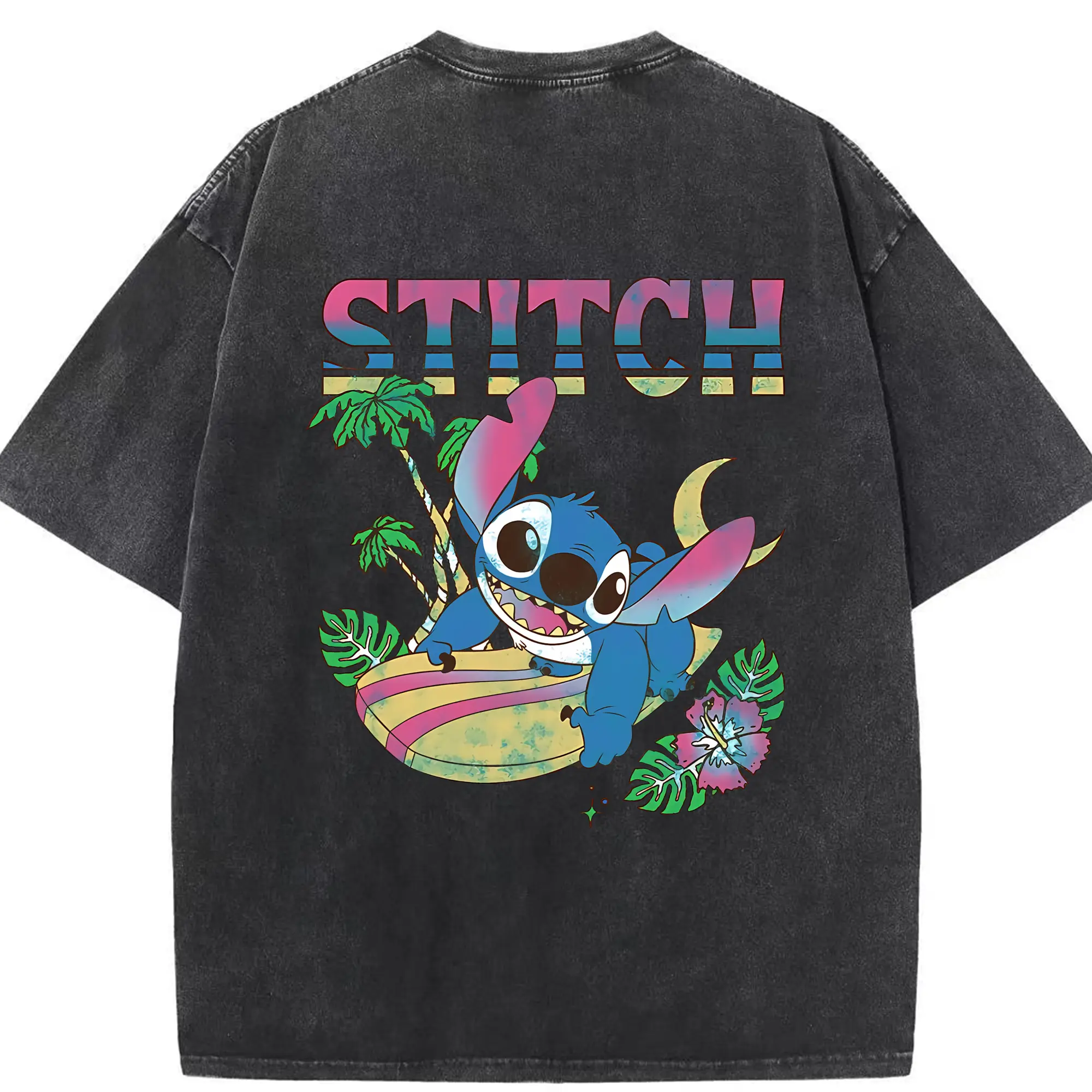 リロ＆スティッチ グッズ スティッチ - 綿100％ ヴィンテージ風 半袖Tシャツ ・ 背面プリント ・ 柔らか肌触り ・ 通気性 快適 ・ スポーツ カジュアル 外出用