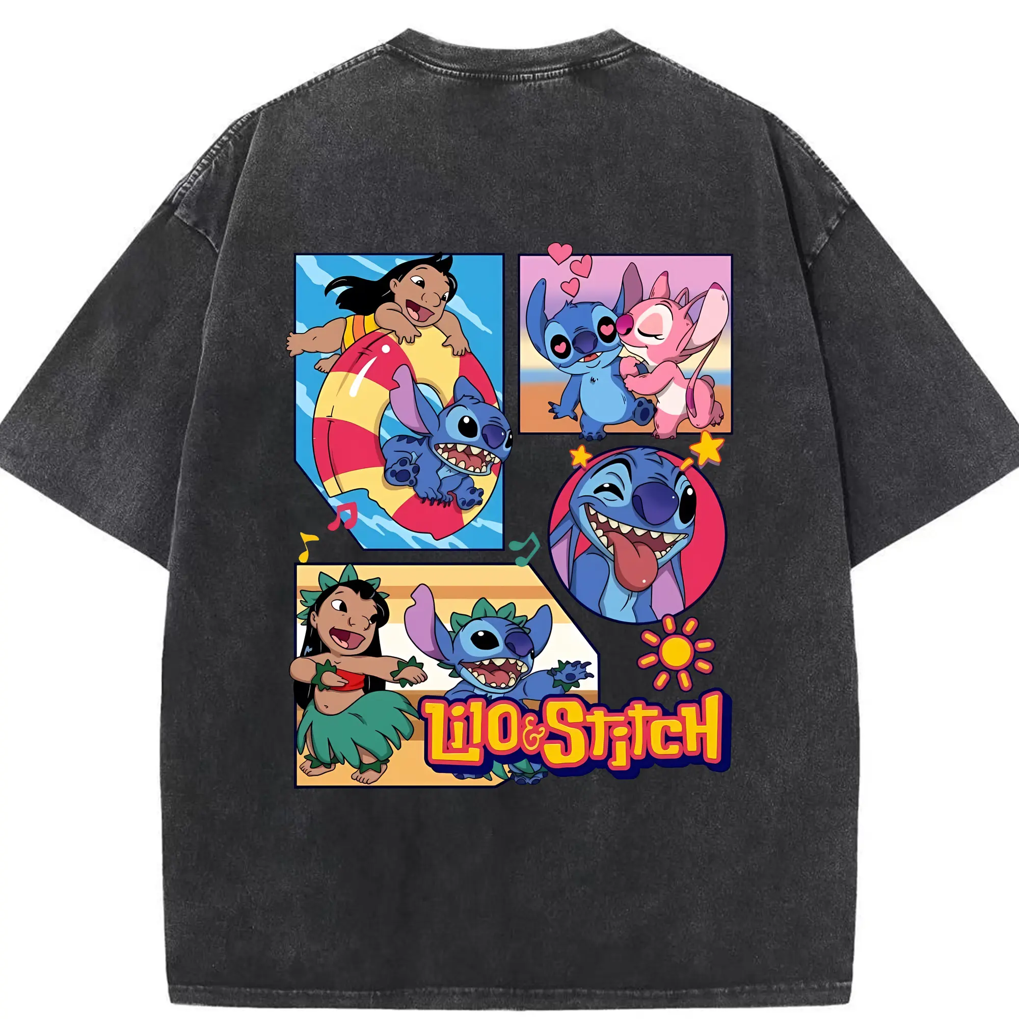 リロ＆スティッチ グッズ スティッチ - 綿100％ ヴィンテージ風 半袖Tシャツ ・ 背面プリント ・ 柔らか肌触り ・ 通気性 快適 ・ スポーツ カジュアル 外出用