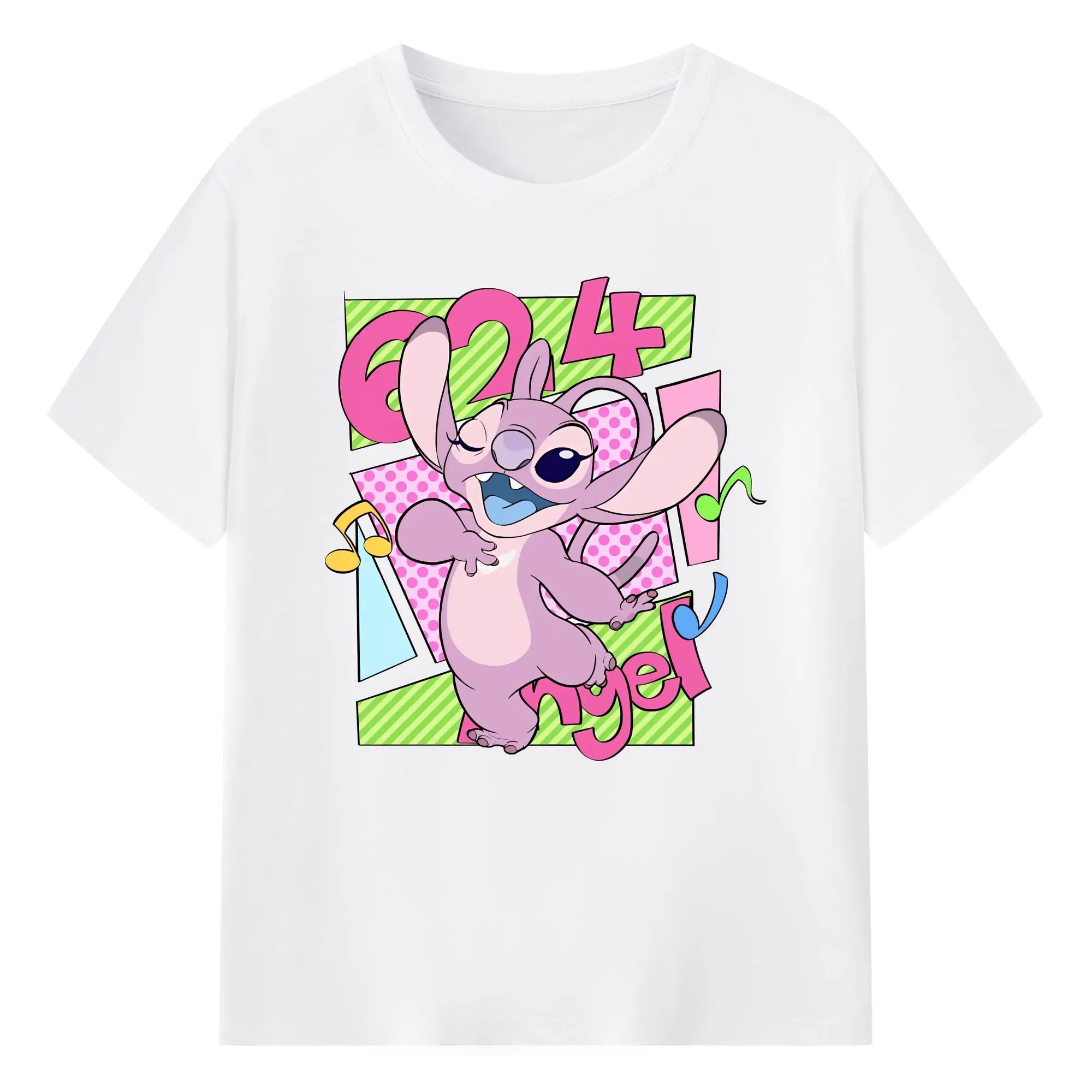 リロ＆スティッチ グッズ エンジェル - 綿100％ 半袖Tシャツ ・ フロントプリント ・ 快適 通気性 ・ 日常使い 散歩 スポーツ用