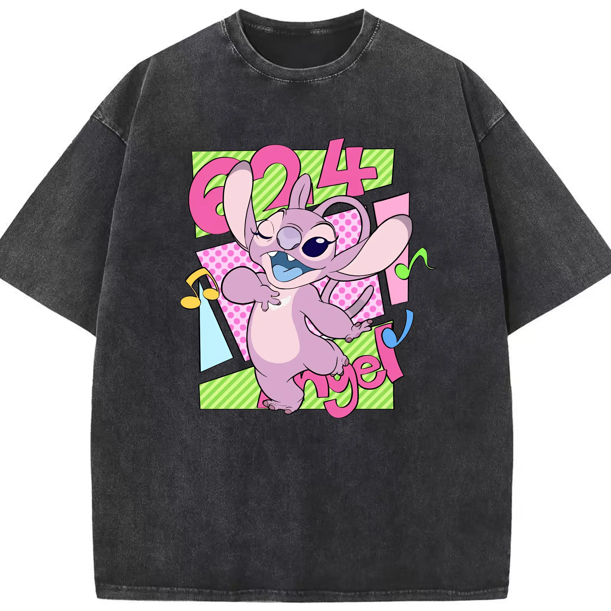 リロ＆スティッチ グッズ エンジェル - 綿100％ ヴィンテージ風 半袖Tシャツ ・ フロントプリント ・ 柔らか肌触り ・ 通気性 快適 ・ スポーツ カジュアル 外出用