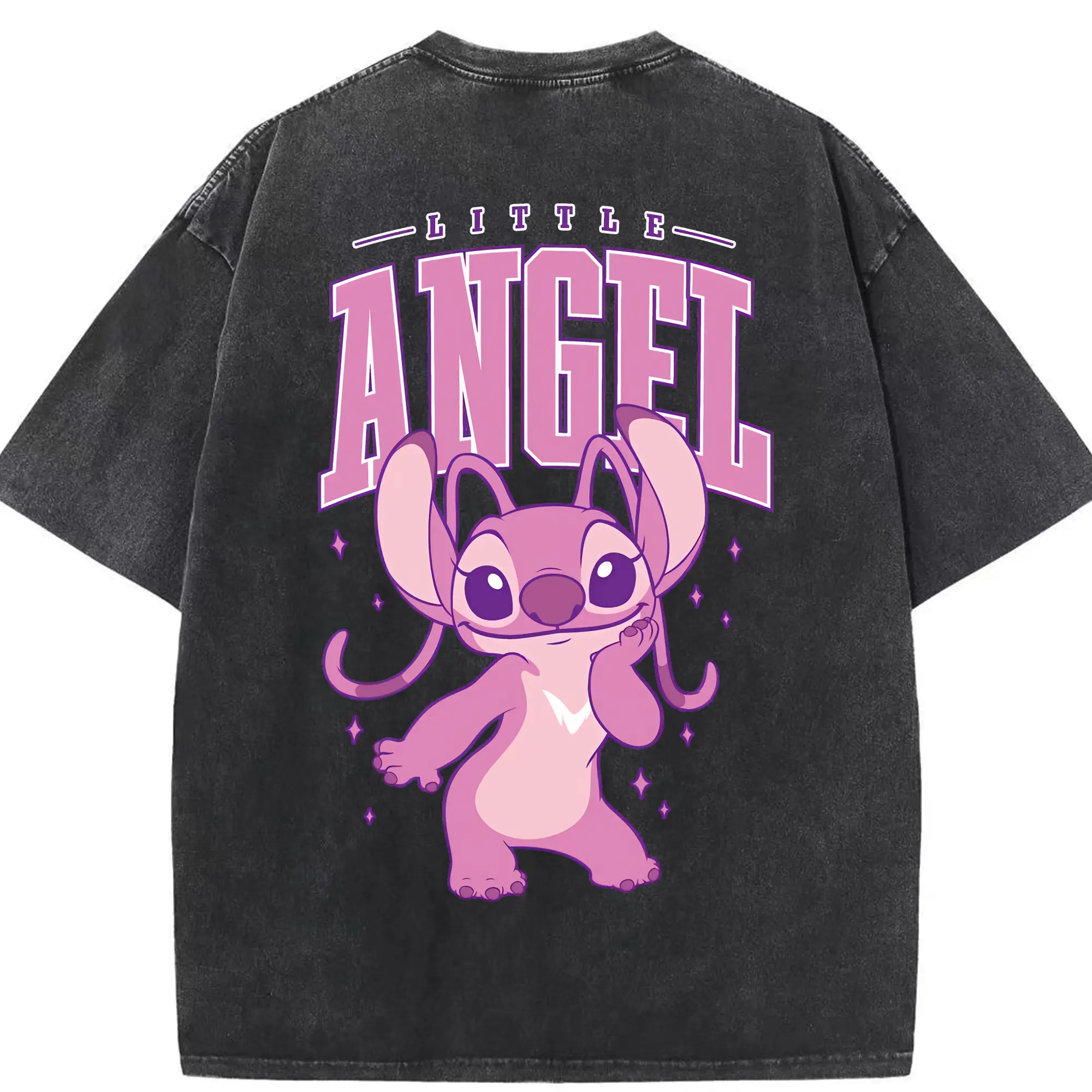 リロ＆スティッチ グッズ エンジェル - 綿100％ ヴィンテージ風 半袖Tシャツ ・ 背面プリント ・ 柔らか肌触り ・ 通気性 快適 ・ スポーツ カジュアル 外出用