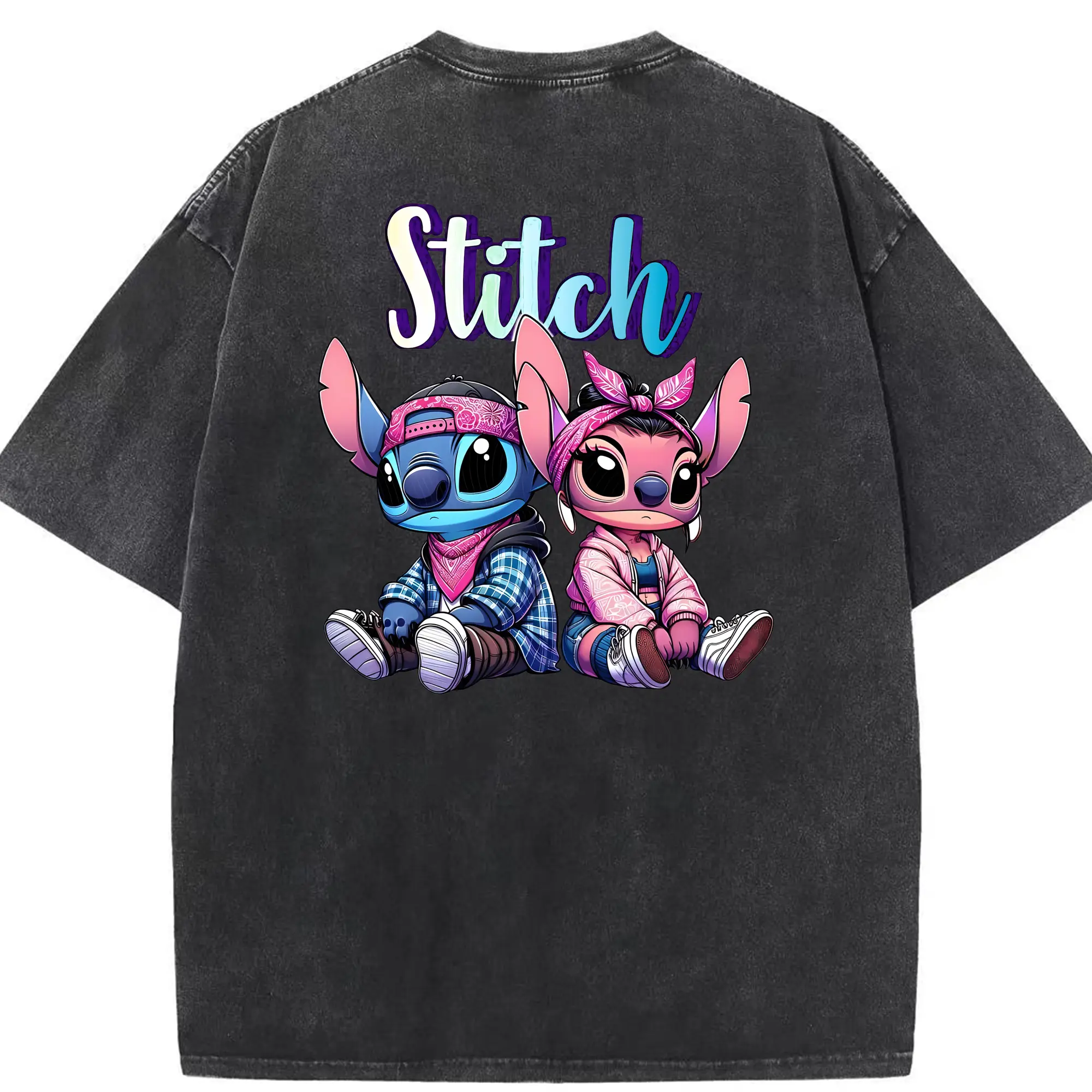 リロ＆スティッチ グッズ エンジェル - 綿100％ ヴィンテージ風 半袖Tシャツ ・ 背面プリント ・ 柔らか肌触り ・ 通気性 快適 ・ スポーツ カジュアル 外出用