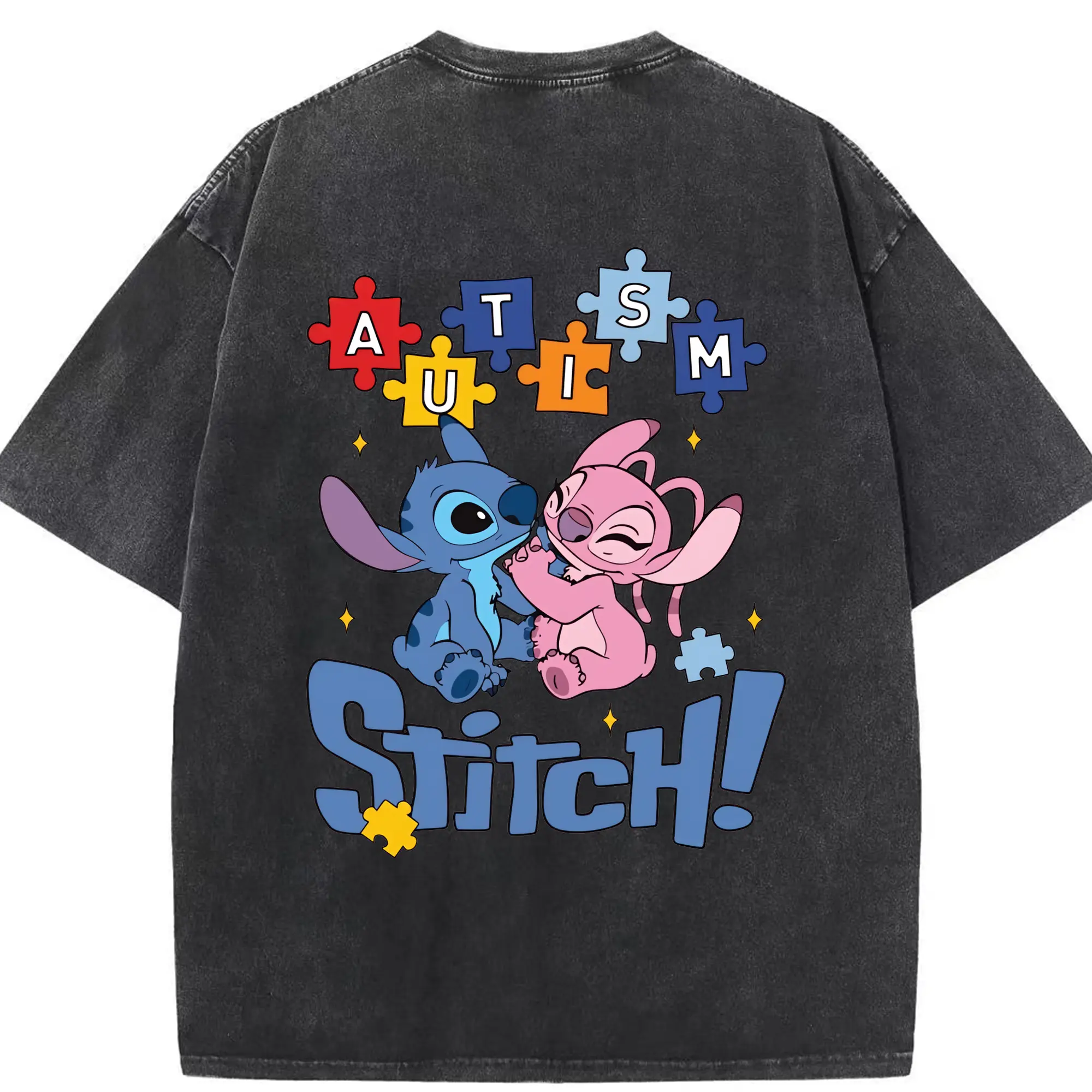 リロ＆スティッチ グッズ エンジェル - 綿100％ ヴィンテージ風 半袖Tシャツ ・ 背面プリント ・ 柔らか肌触り ・ 通気性 快適 ・ スポーツ カジュアル 外出用