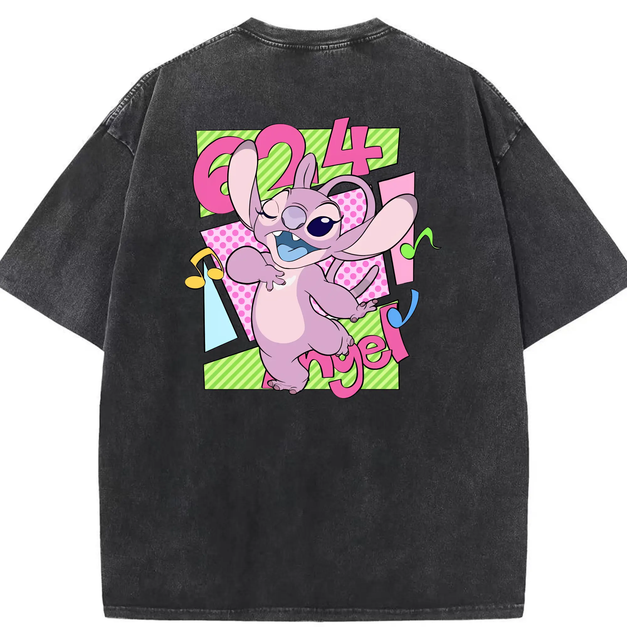 リロ＆スティッチ グッズ エンジェル - 綿100％ ヴィンテージ風 半袖Tシャツ ・ 背面プリント ・ 柔らか肌触り ・ 通気性 快適 ・ スポーツ カジュアル 外出用