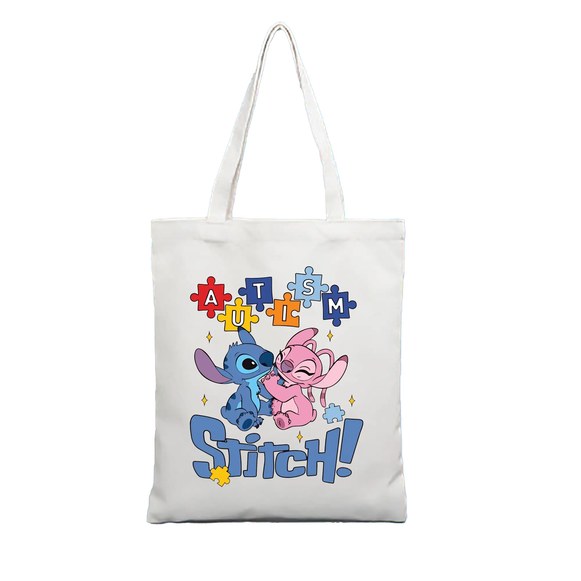 リロ＆スティッチ グッズ エンジェル - 縦型キャンバス手提げバッグ（トートバッグ） ・ キャンバス素材 ・ ショッピング用 ・ 軽量 丈夫 お手入れ簡単