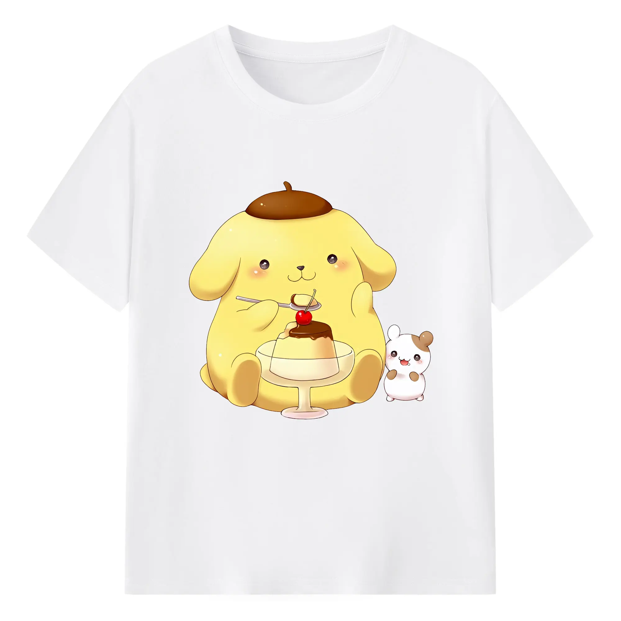サンリオ グッズ,ポムポムプリン - 綿100％ 半袖Tシャツ ・ フロントプリント ・ 快適 通気性 ・ 日常使い 散歩 スポーツ用