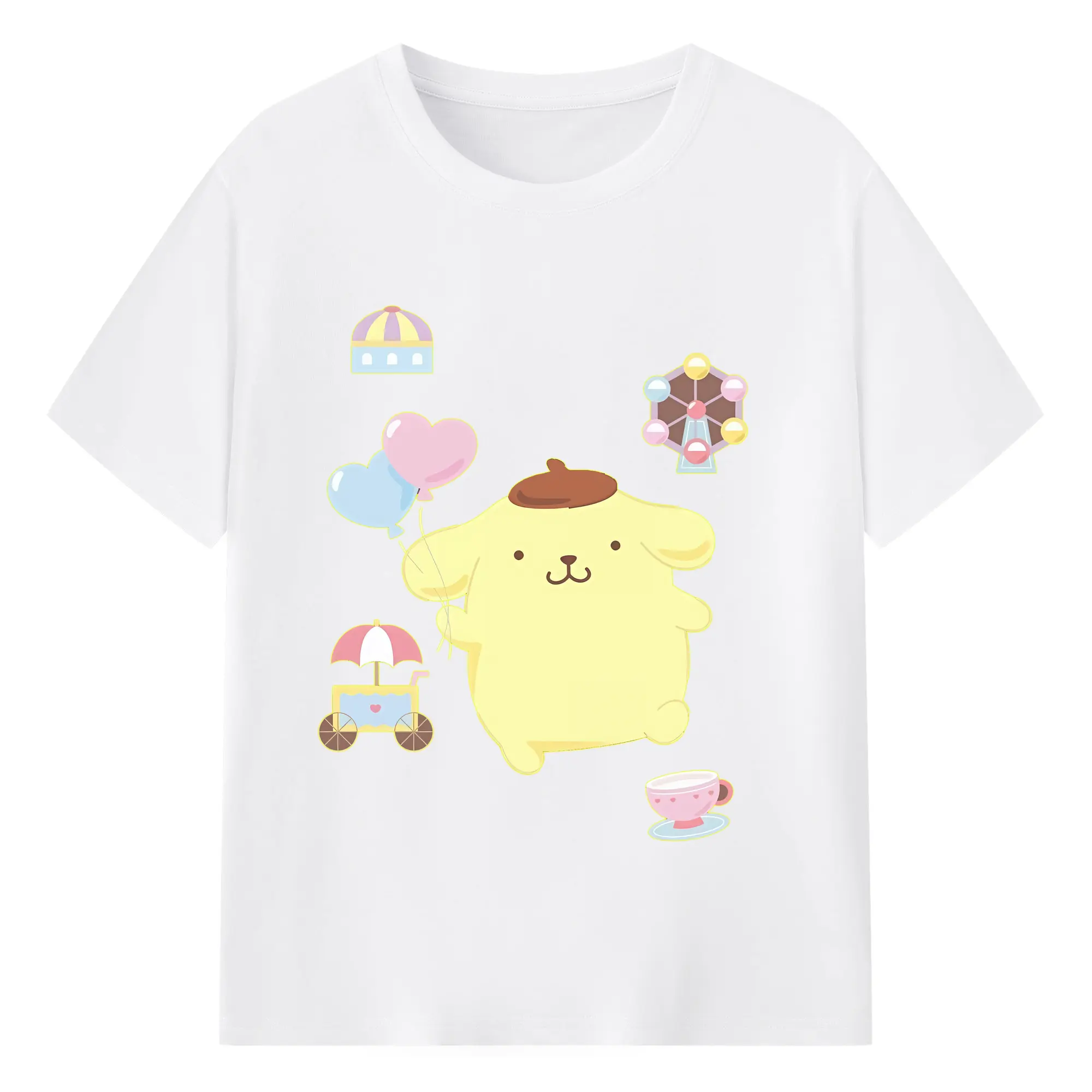 サンリオ グッズ,ポムポムプリン - 綿100％ 半袖Tシャツ ・ フロントプリント ・ 快適 通気性 ・ 日常使い 散歩 スポーツ用