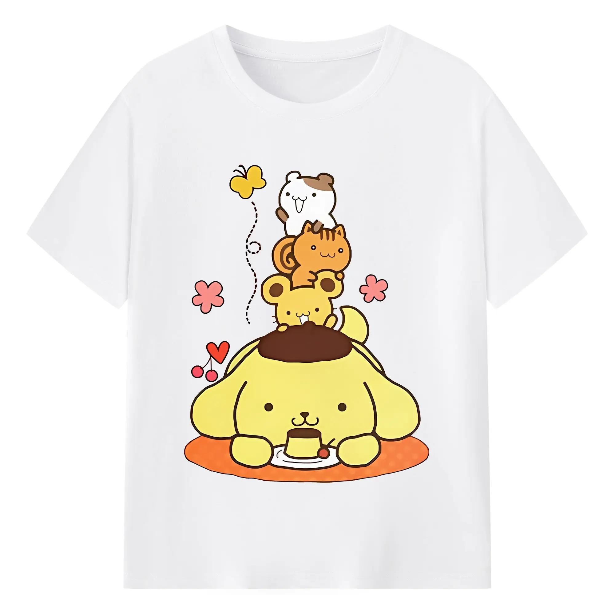 サンリオ グッズ,ポムポムプリン - 綿100％ 半袖Tシャツ ・ フロントプリント ・ 快適 通気性 ・ 日常使い 散歩 スポーツ用