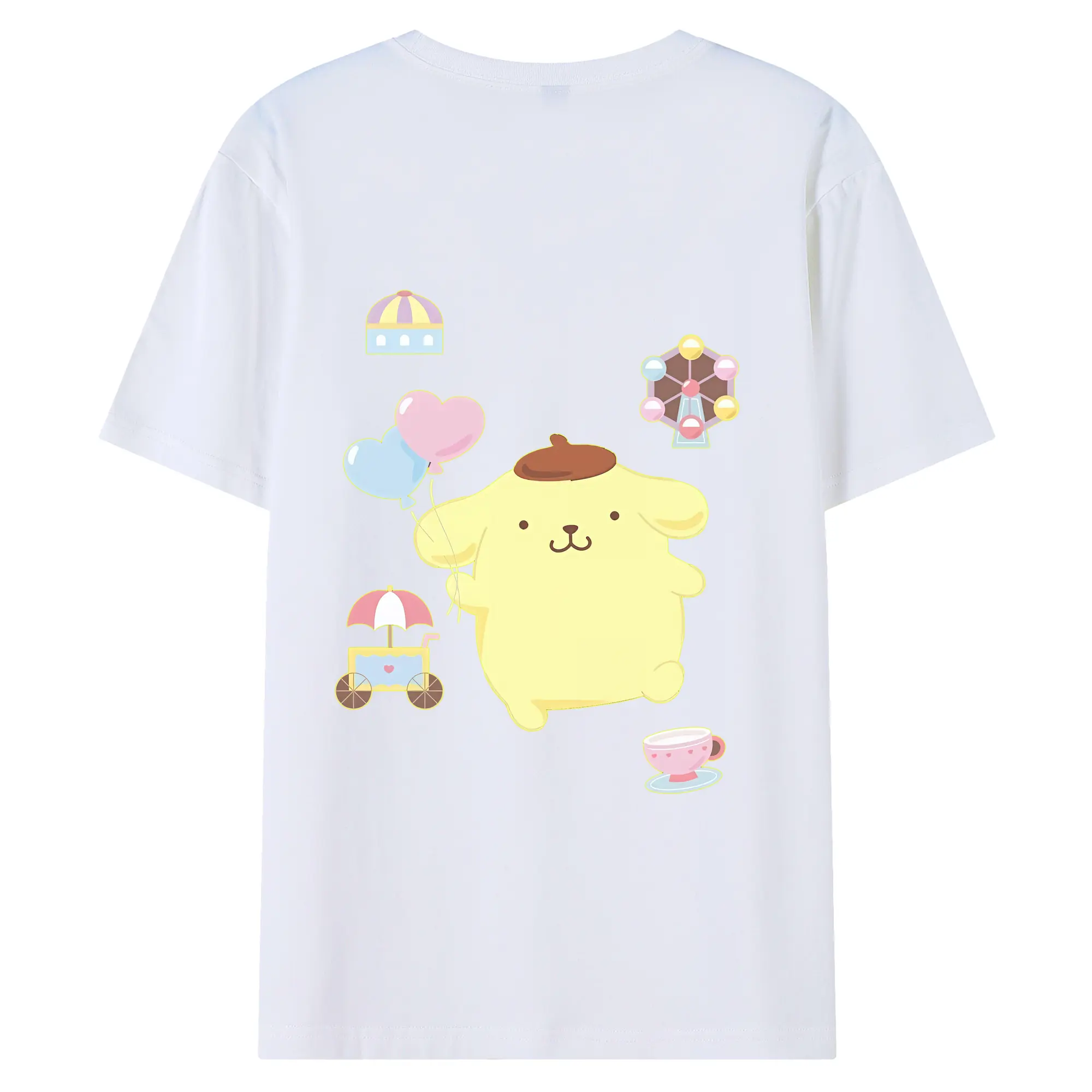 サンリオ グッズ,ポムポムプリン - 綿100％ 半袖Tシャツ ・ バックプリント ・ 快適 通気性 ・ 日常使い 散歩 スポーツ用