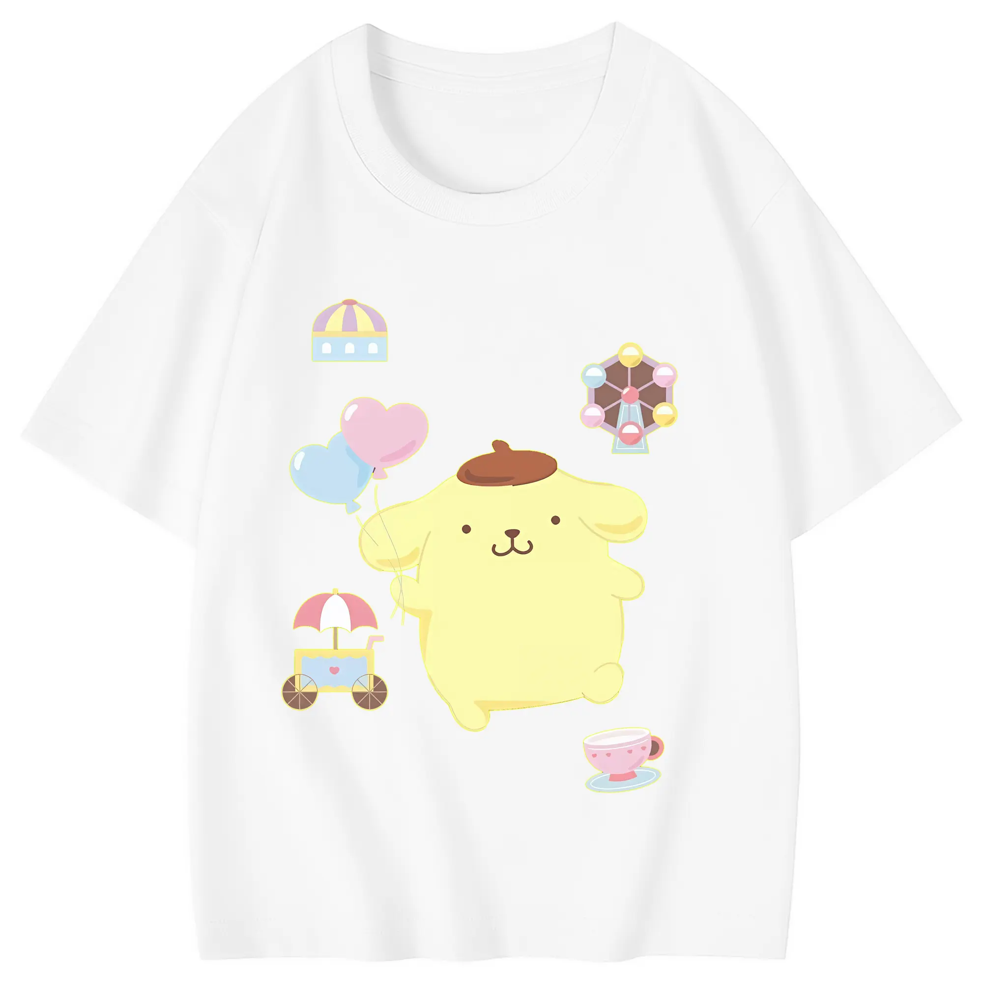サンリオ グッズ,ポムポムプリン - 綿100％ キッズTシャツ ・ フロントプリント ・ 快適 通気性 ・ スポーツ カジュアル 散歩用