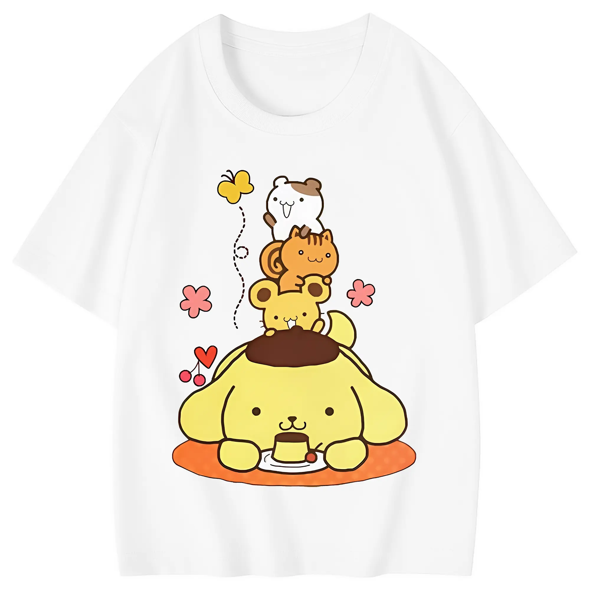サンリオ グッズ,ポムポムプリン - 綿100％ キッズTシャツ ・ フロントプリント ・ 快適 通気性 ・ スポーツ カジュアル 散歩用