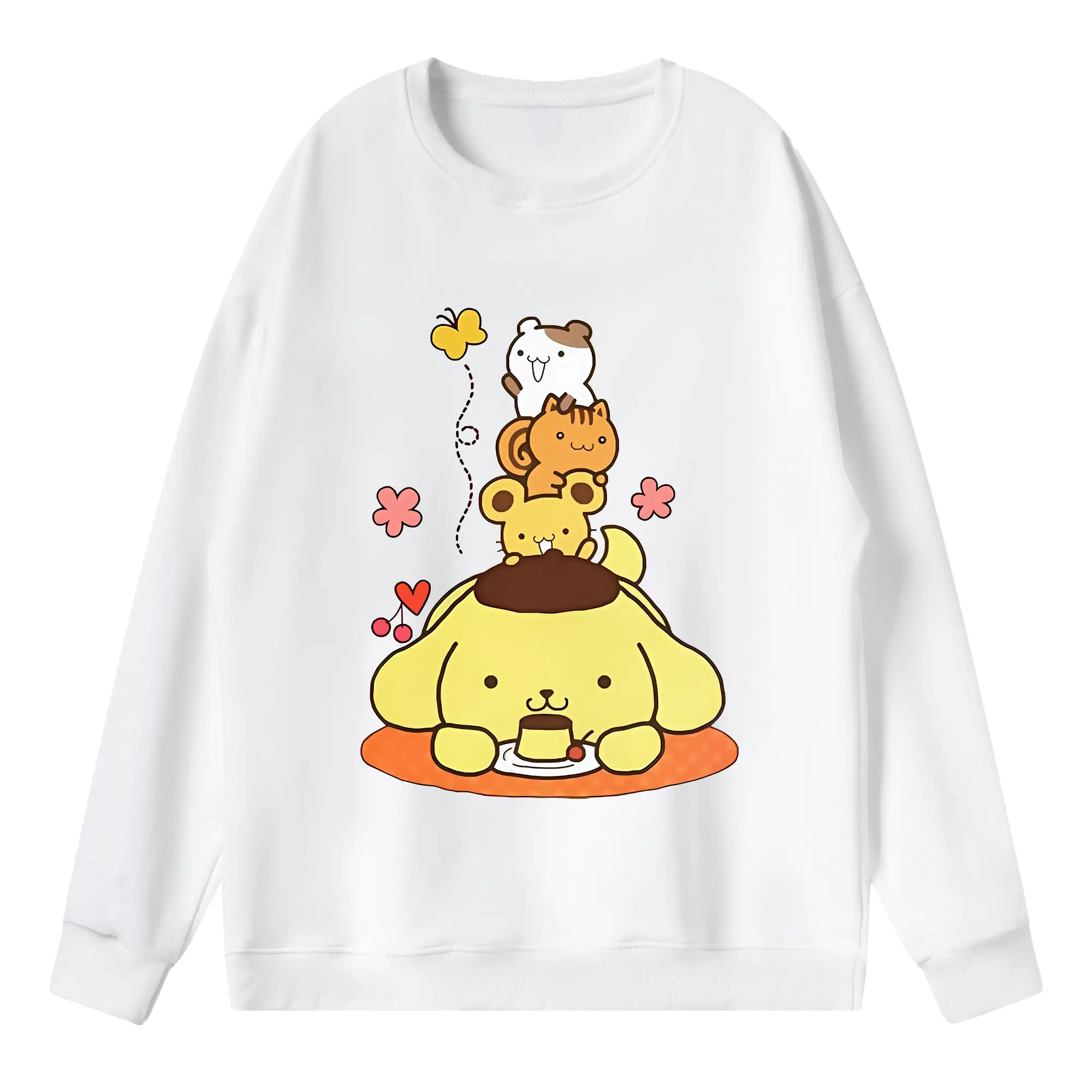 サンリオ グッズ,ポムポムプリン - 薄手 クルーネック スウェット 裏毛260g · ポリエステル 春秋向け カジュアル 男女兼用 · トレーナー デイリー スポーツ 散歩に最適