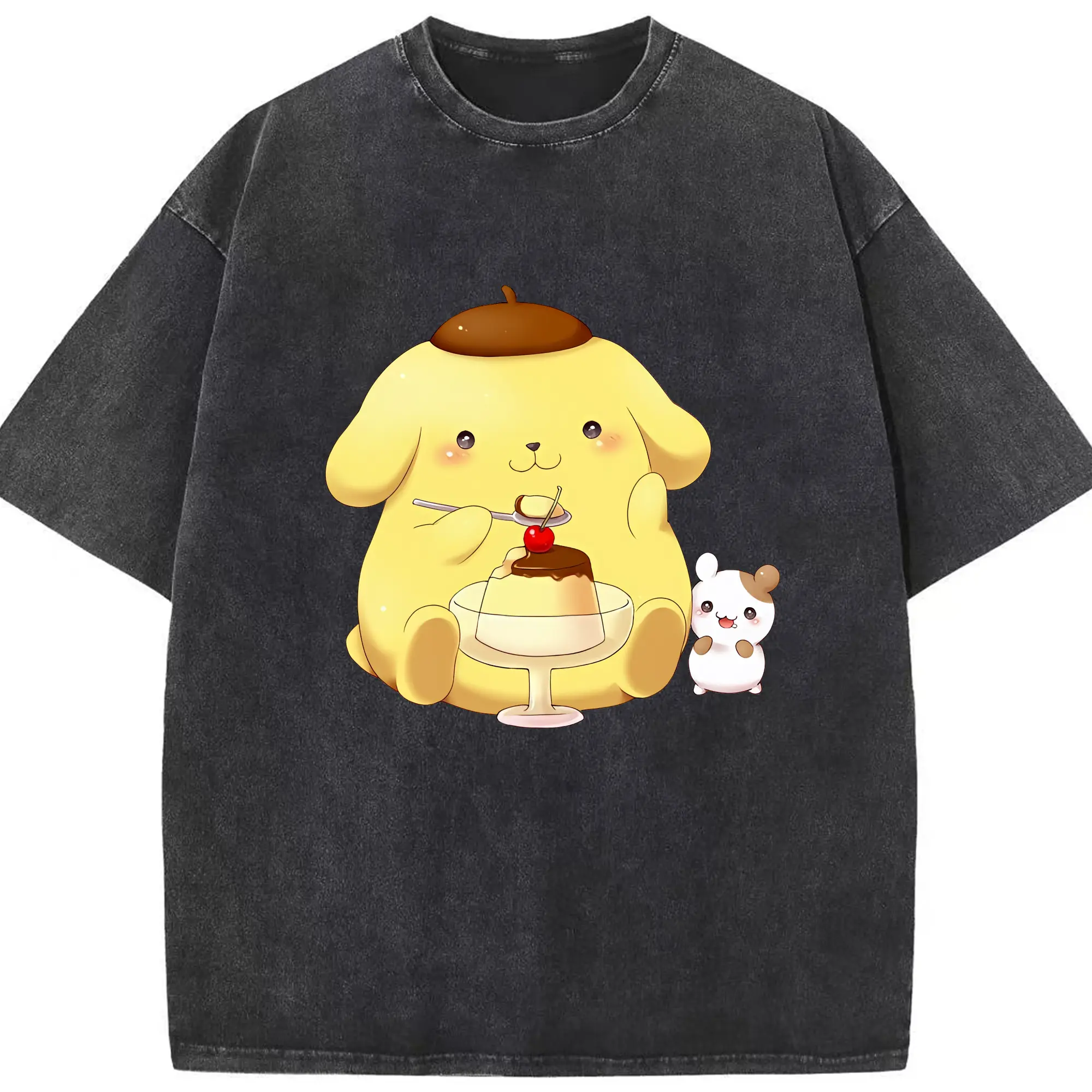 サンリオ グッズ,ポムポムプリン - 綿100％ ヴィンテージ風 半袖Tシャツ ・ フロントプリント ・ 柔らか肌触り ・ 通気性 快適 ・ スポーツ カジュアル 外出用