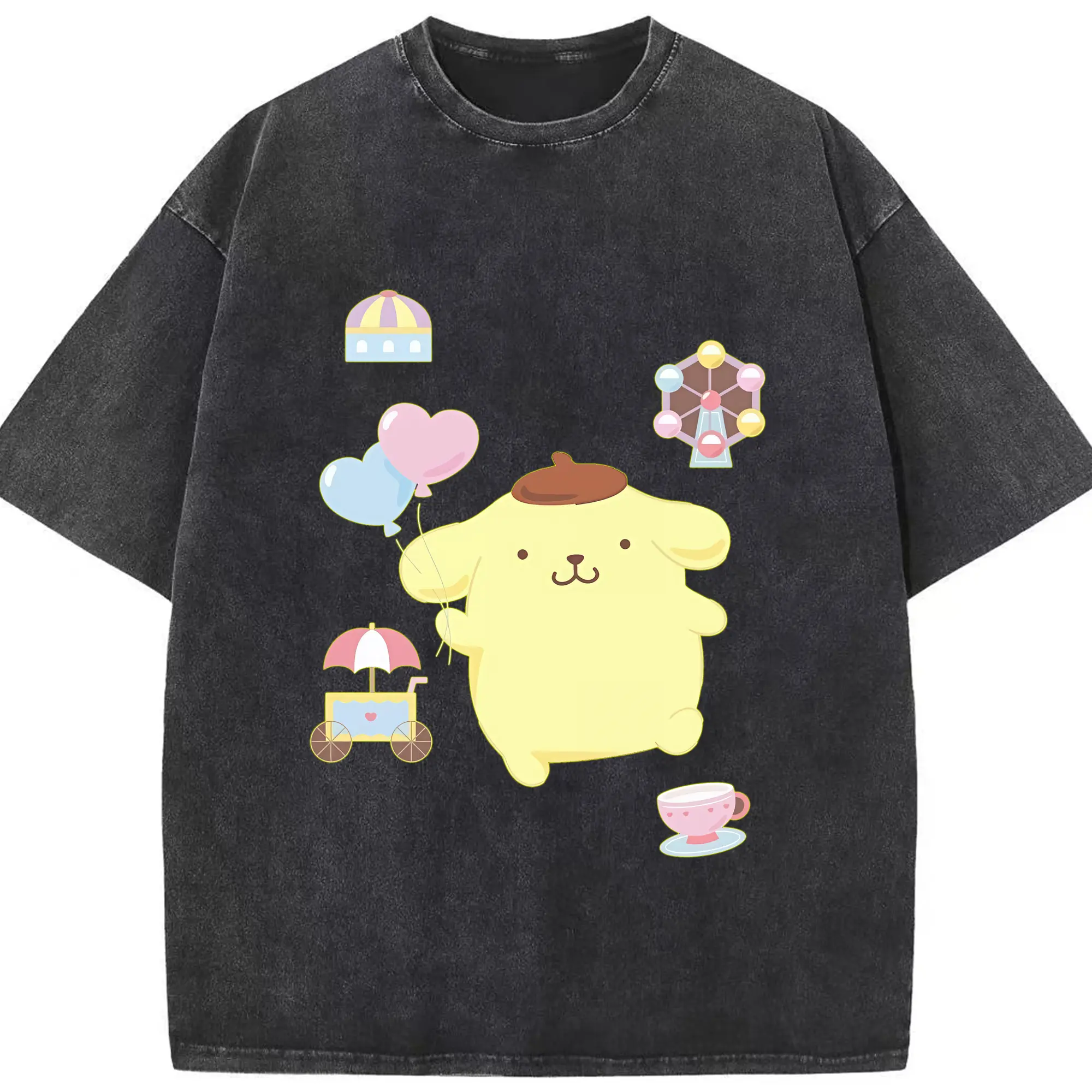 サンリオ グッズ,ポムポムプリン - 綿100％ ヴィンテージ風 半袖Tシャツ ・ フロントプリント ・ 柔らか肌触り ・ 通気性 快適 ・ スポーツ カジュアル 外出用