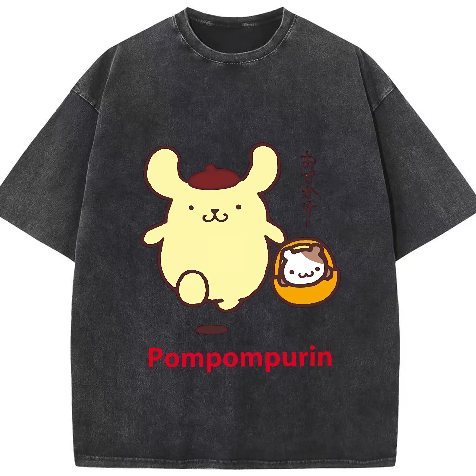 サンリオ グッズ,ポムポムプリン - 綿100％ ヴィンテージ風 半袖Tシャツ ・ フロントプリント ・ 柔らか肌触り ・ 通気性 快適 ・ スポーツ カジュアル 外出用