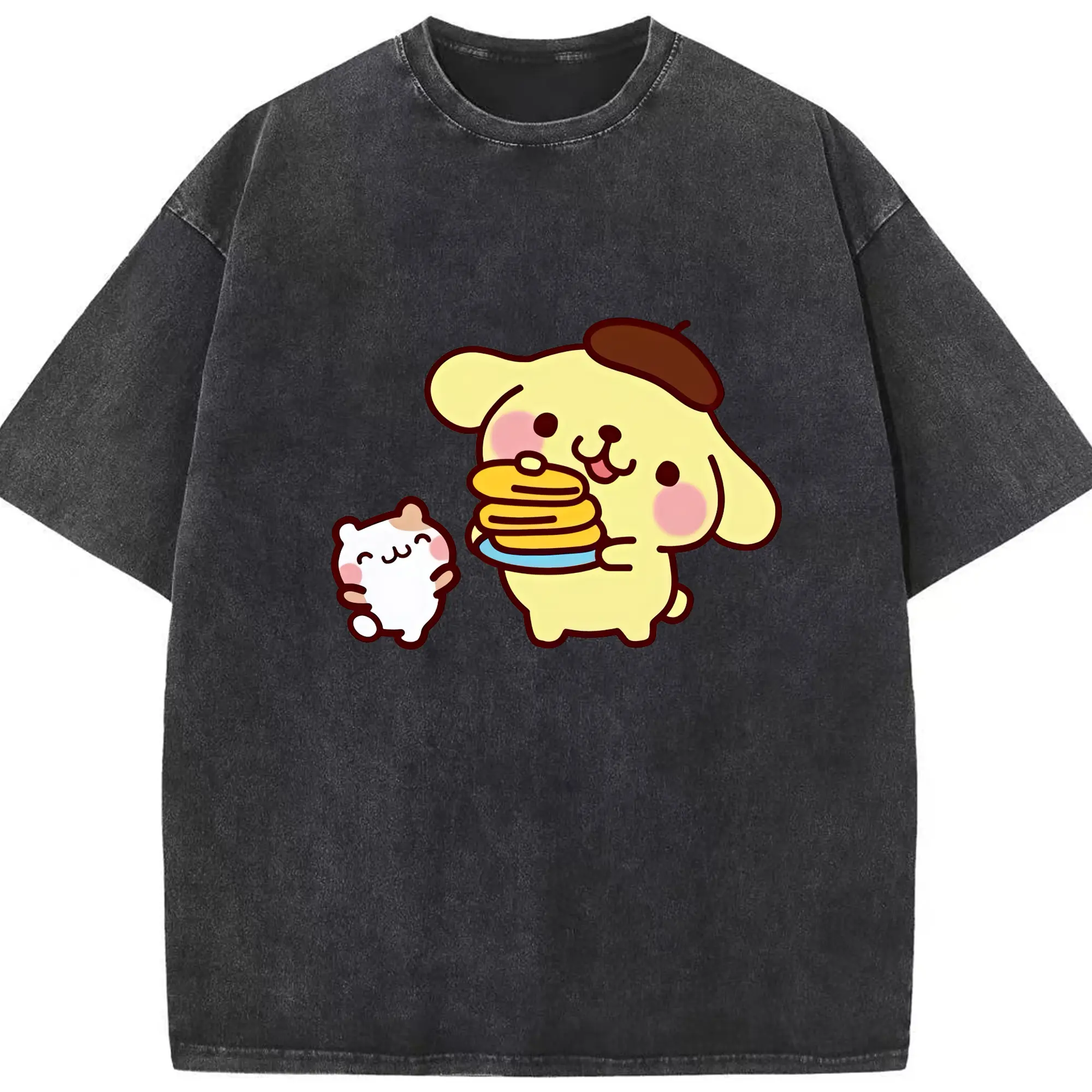 サンリオ グッズ,ポムポムプリン - 綿100％ ヴィンテージ風 半袖Tシャツ ・ フロントプリント ・ 柔らか肌触り ・ 通気性 快適 ・ スポーツ カジュアル 外出用