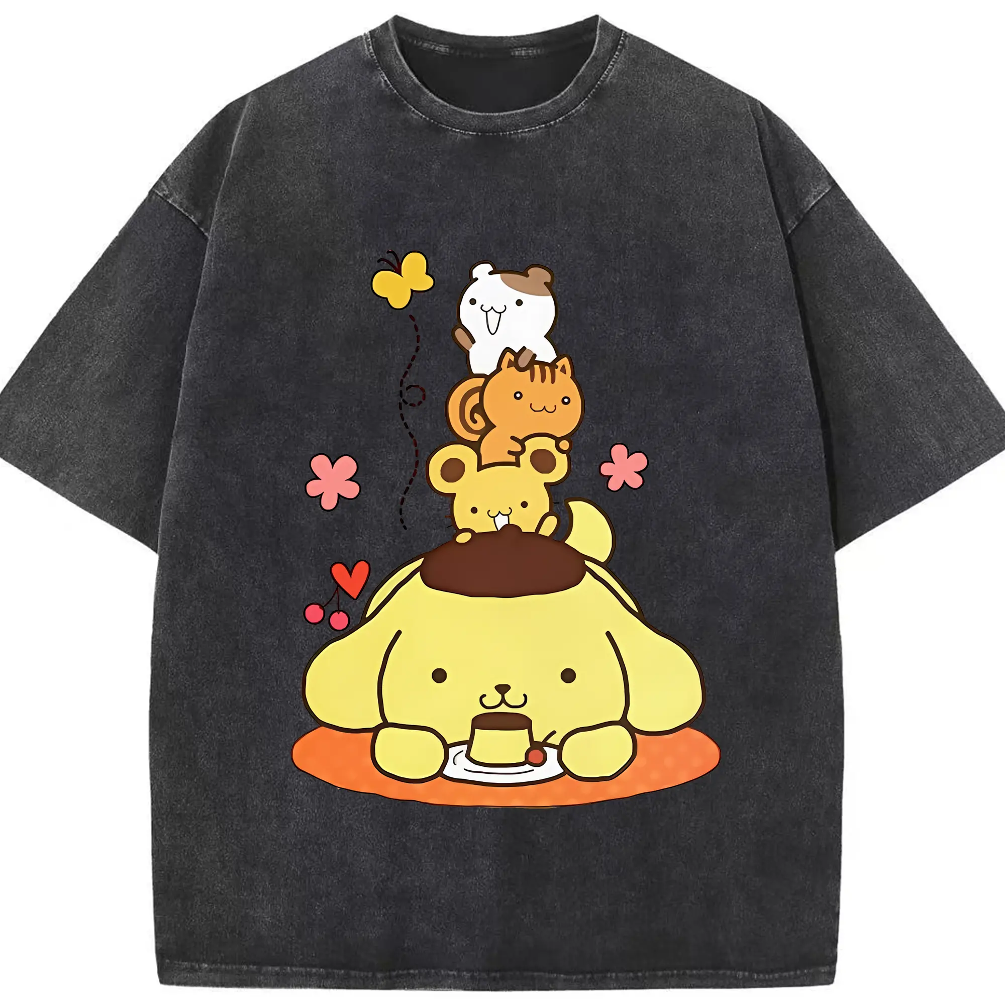 サンリオ グッズ,ポムポムプリン - 綿100％ ヴィンテージ風 半袖Tシャツ ・ フロントプリント ・ 柔らか肌触り ・ 通気性 快適 ・ スポーツ カジュアル 外出用