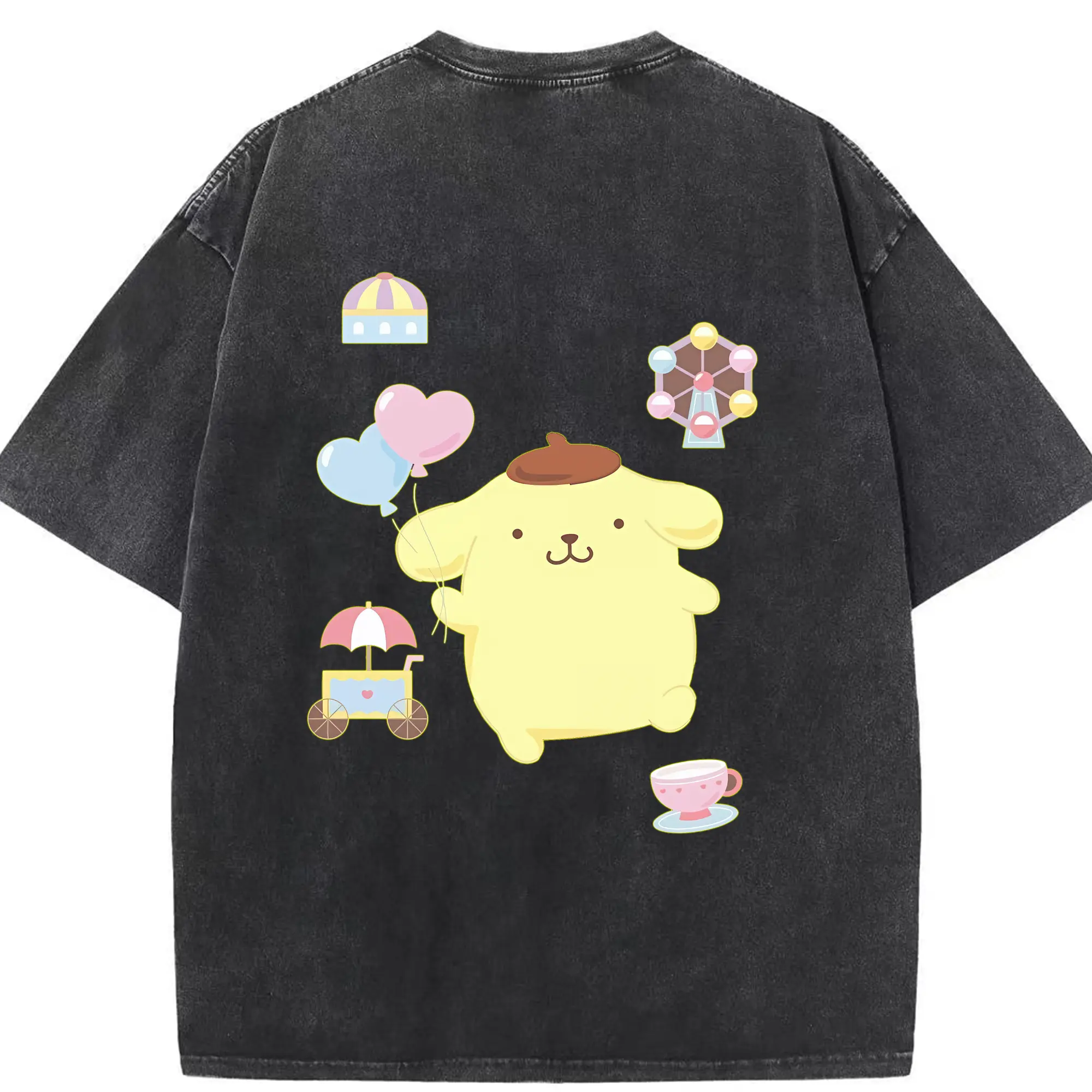 サンリオ グッズ,ポムポムプリン - 綿100％ ヴィンテージ風 半袖Tシャツ ・ 背面プリント ・ 柔らか肌触り ・ 通気性 快適 ・ スポーツ カジュアル 外出用