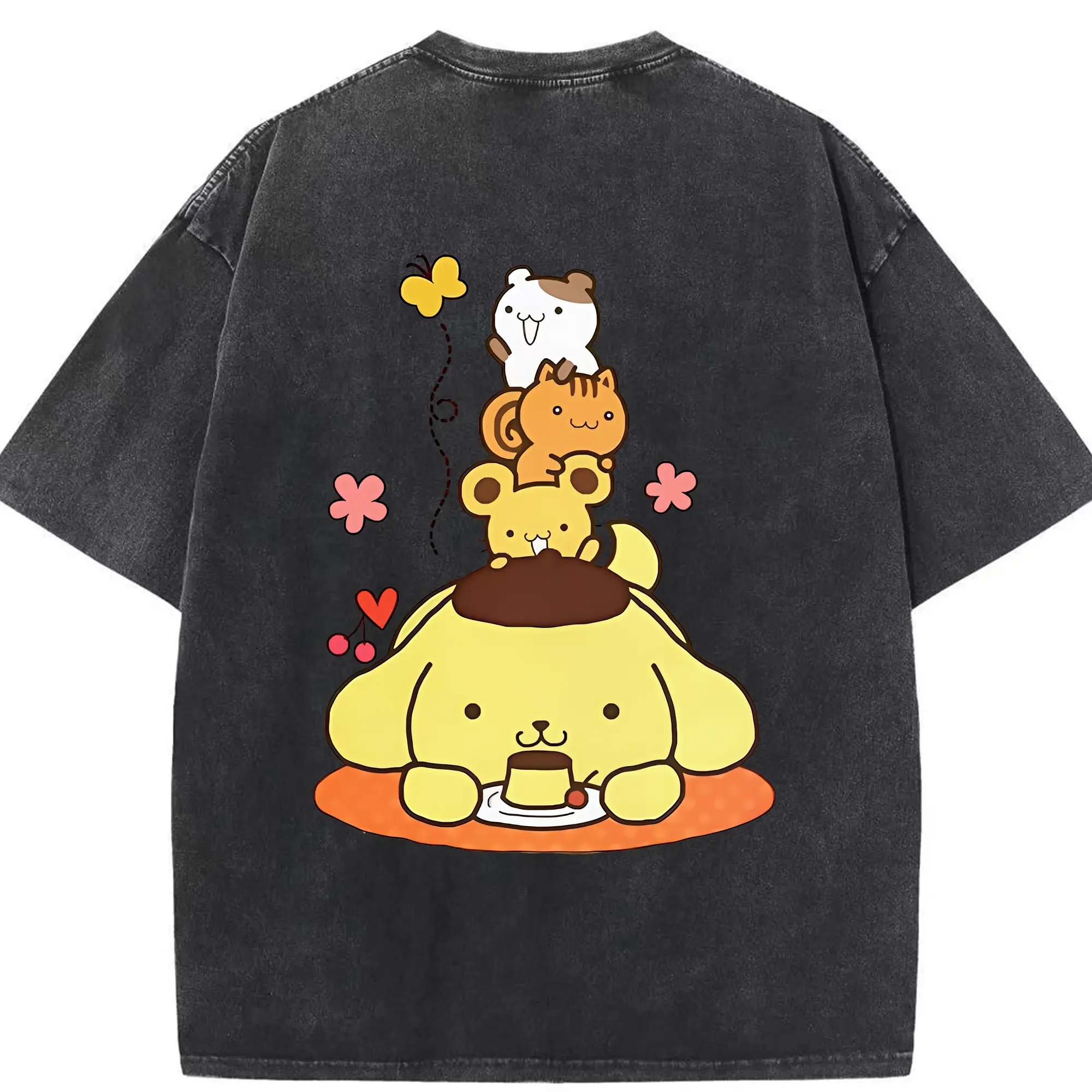 サンリオ グッズ,ポムポムプリン - 綿100％ ヴィンテージ風 半袖Tシャツ ・ 背面プリント ・ 柔らか肌触り ・ 通気性 快適 ・ スポーツ カジュアル 外出用