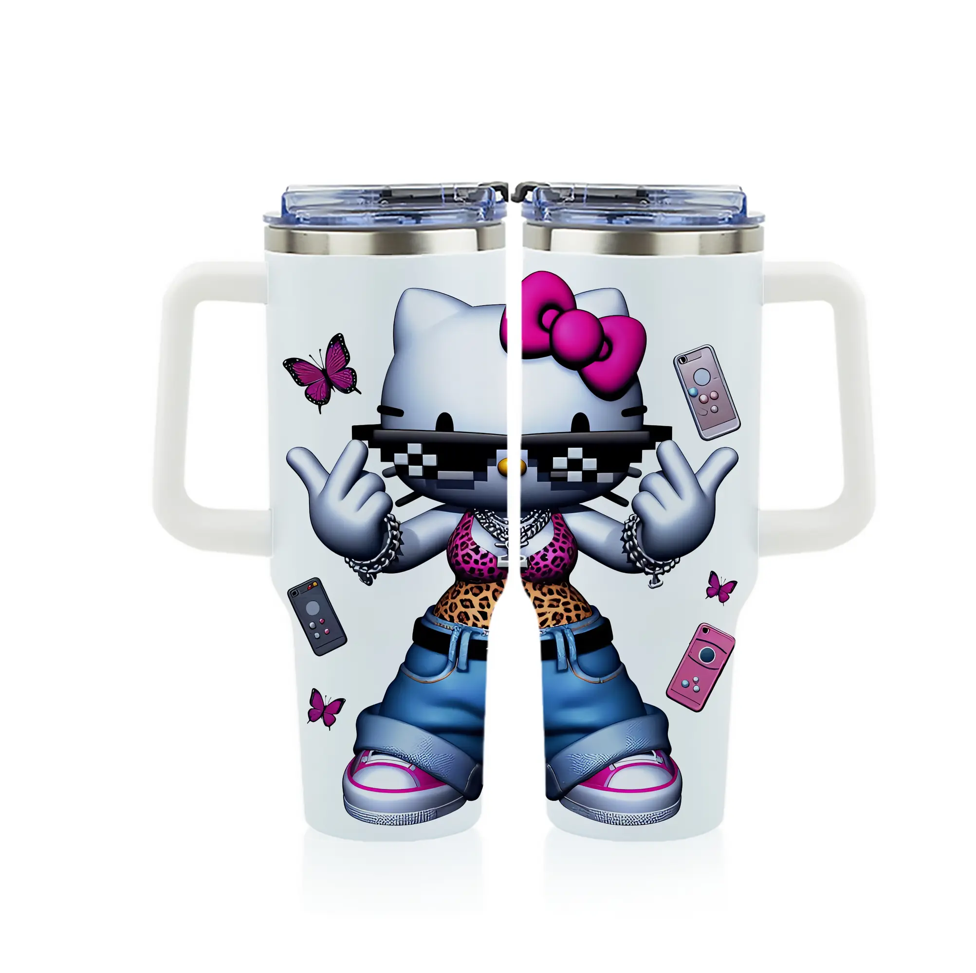 サンリオ グッズ,ハローキティ - 1200mL フルプリント車用タンブラー ・ 304ステンレス 内側 ・ 201ステンレス 外側 ・ 保温 保冷 ・ 通勤 ドライブ アウトドア用