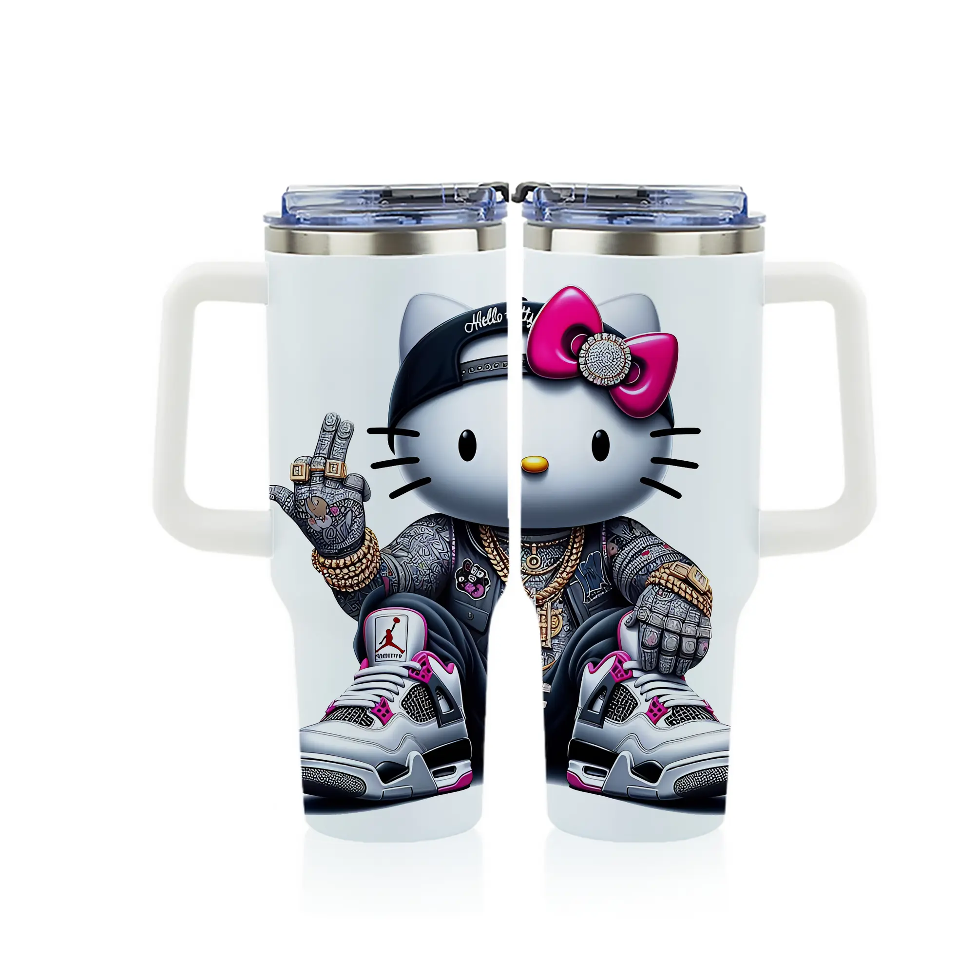 サンリオ グッズ,ハローキティ - 1200mL フルプリント車用タンブラー ・ 304ステンレス 内側 ・ 201ステンレス 外側 ・ 保温 保冷 ・ 通勤 ドライブ アウトドア用