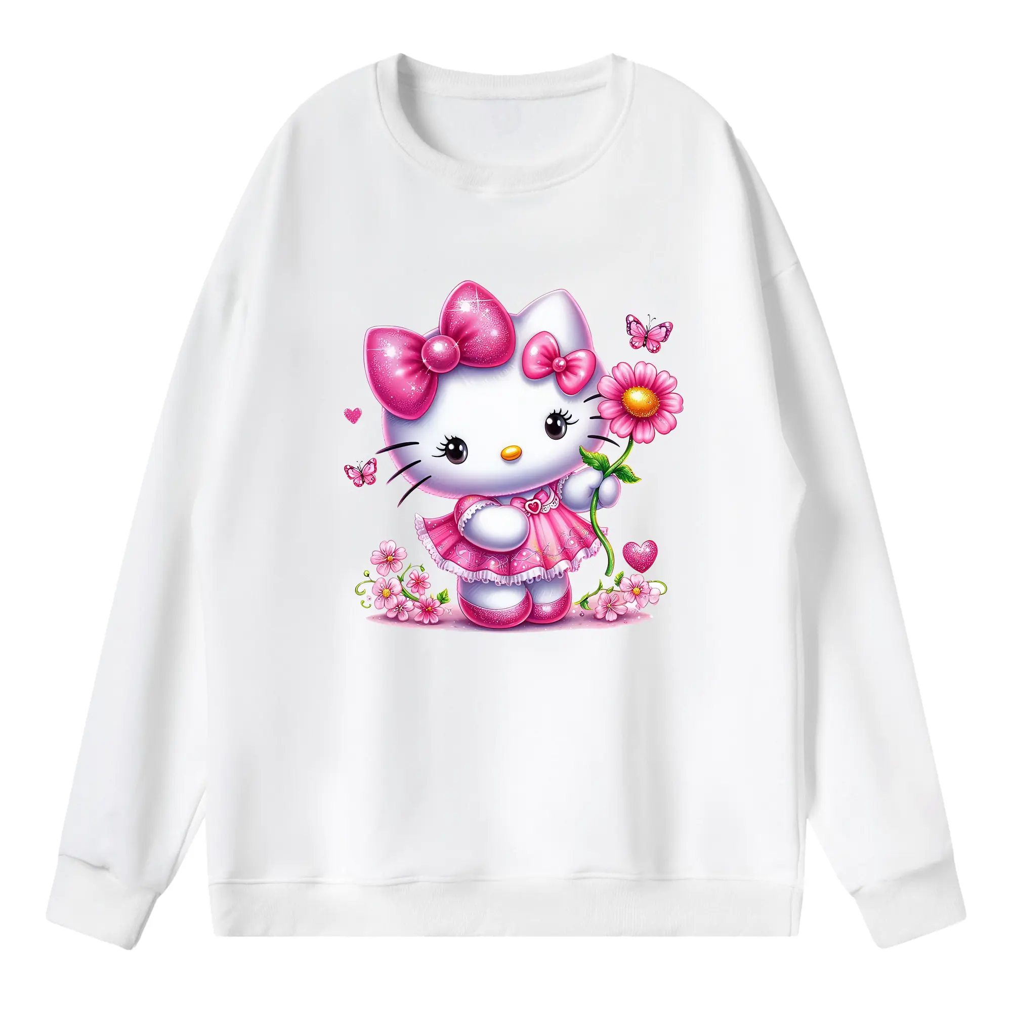 サンリオ グッズ,ハローキティ - 薄手 クルーネック スウェット 裏毛260g · ポリエステル 春秋向け カジュアル 男女兼用 · トレーナー デイリー スポーツ 散歩に最適