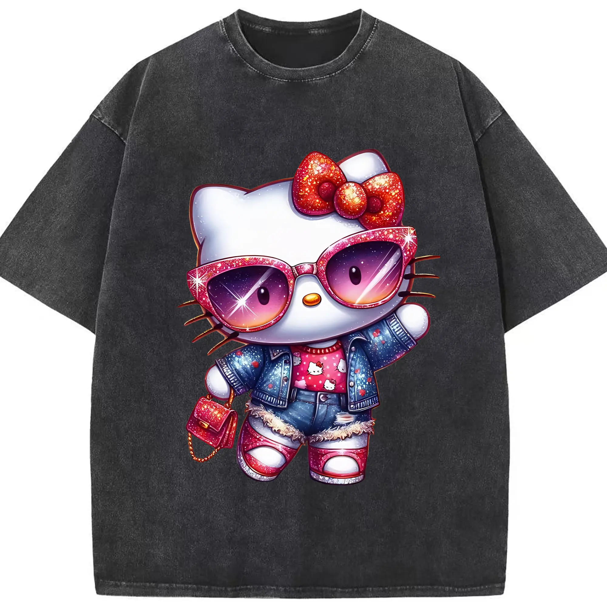 サンリオ グッズ,ハローキティ - 綿100％ ヴィンテージ風 半袖Tシャツ ・ フロントプリント ・ 柔らか肌触り ・ 通気性 快適 ・ スポーツ カジュアル 外出用