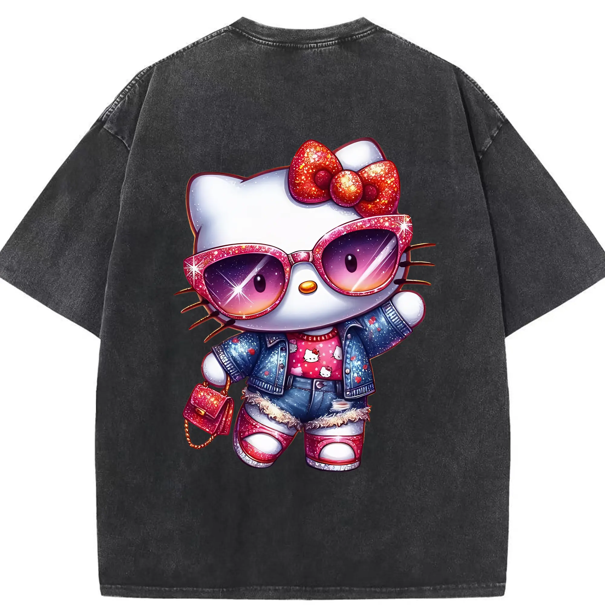 サンリオ グッズ,ハローキティ - 綿100％ ヴィンテージ風 半袖Tシャツ ・ 背面プリント ・ 柔らか肌触り ・ 通気性 快適 ・ スポーツ カジュアル 外出用