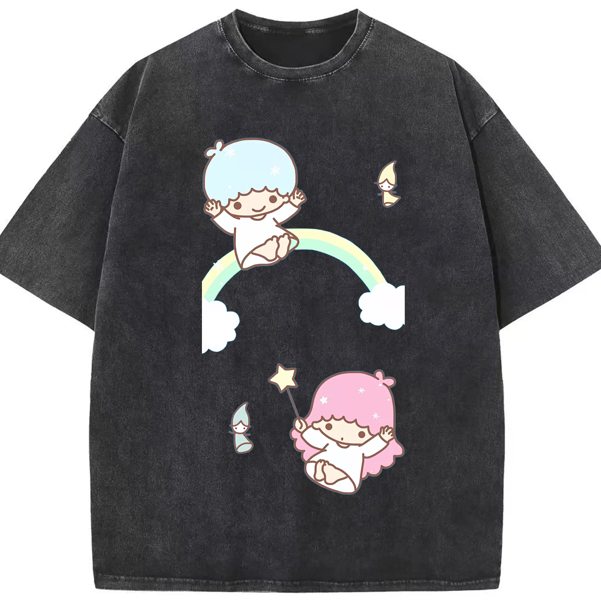 サンリオ グッズ,リトルツインスターズ - 綿100％ ヴィンテージ風 半袖Tシャツ ・ フロントプリント ・ 柔らか肌触り ・ 通気性 快適 ・ スポーツ カジュアル 外出用