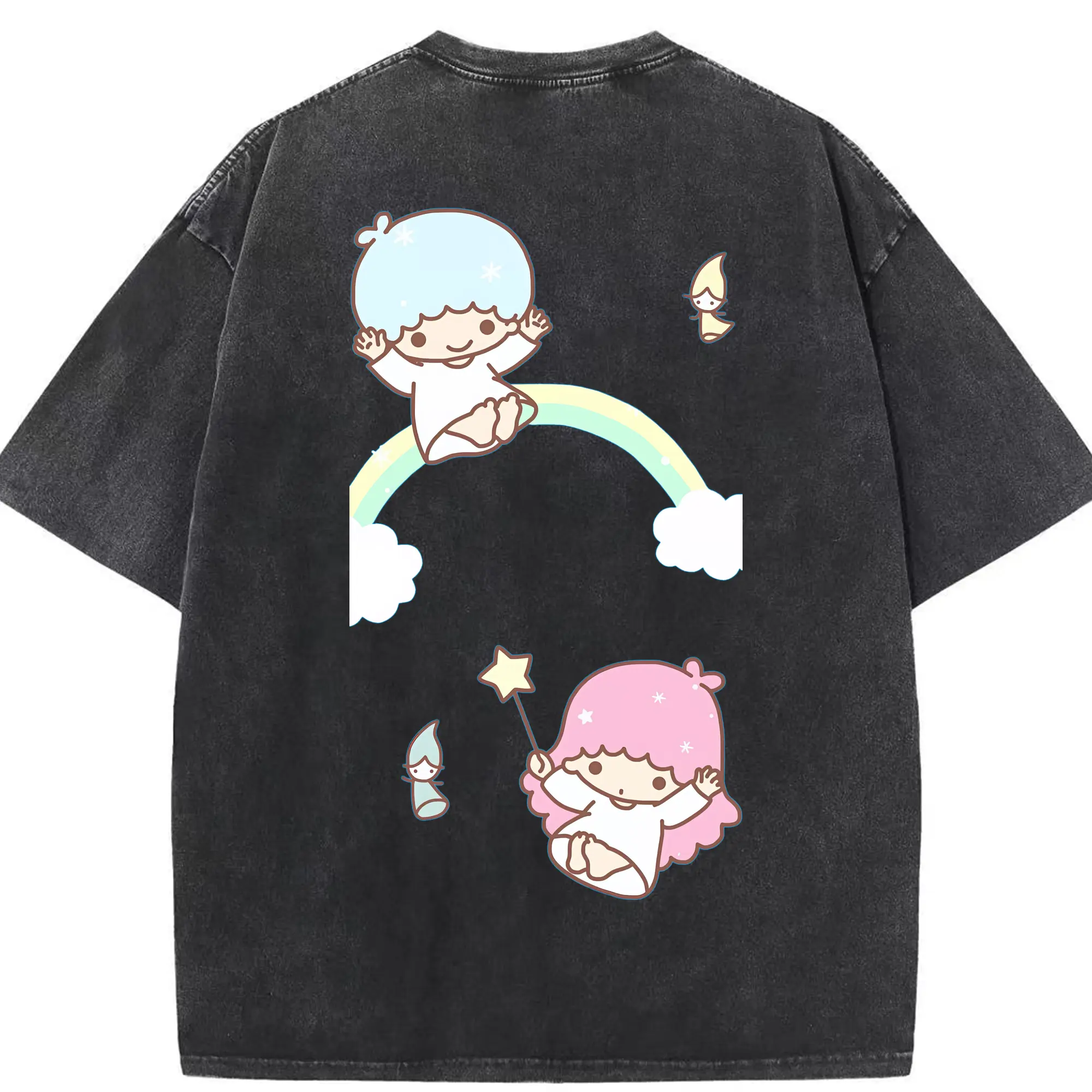 サンリオ グッズ,リトルツインスターズ - 綿100％ ヴィンテージ風 半袖Tシャツ ・ 背面プリント ・ 柔らか肌触り ・ 通気性 快適 ・ スポーツ カジュアル 外出用