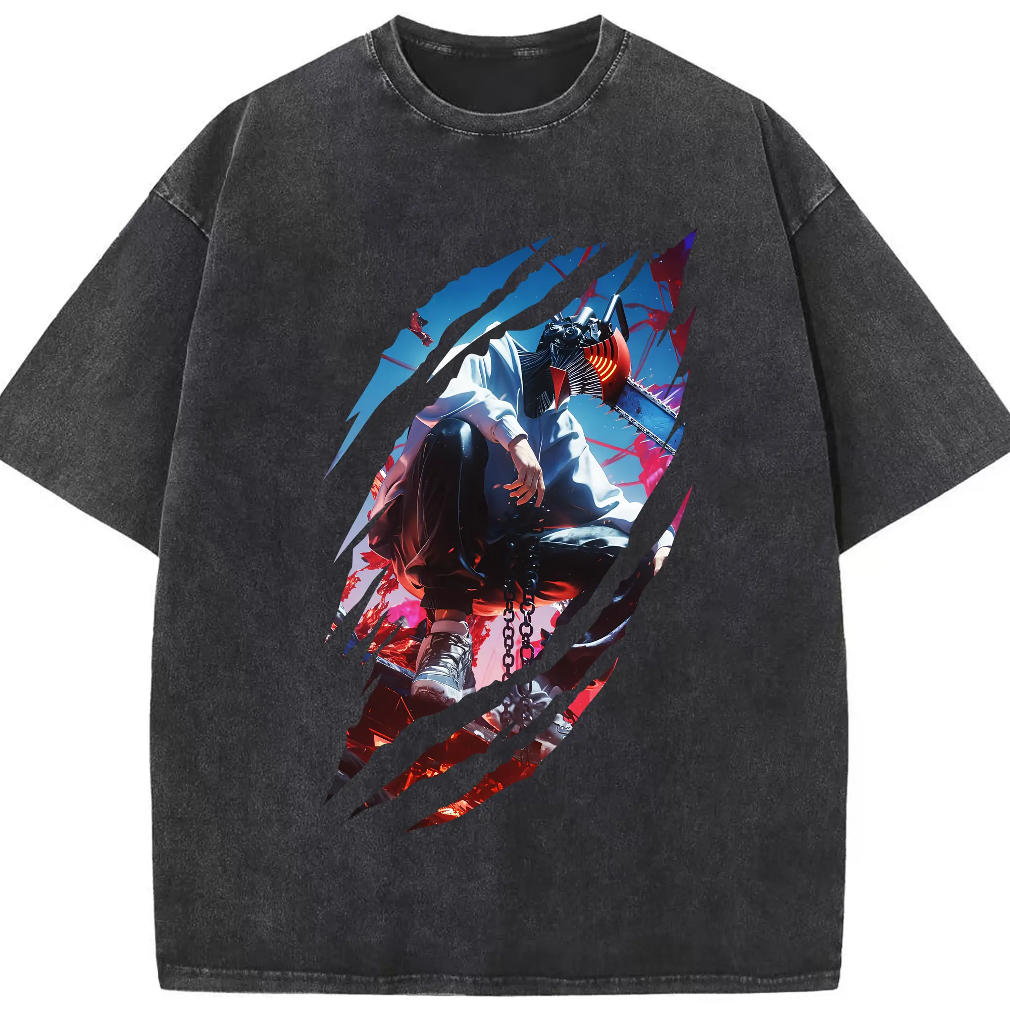 チェンソーマン グッズ,デンジ - 綿100％ ヴィンテージ風 半袖Tシャツ ・ フロントプリント ・ 柔らか肌触り ・ 通気性 快適 ・ スポーツ カジュアル 外出用