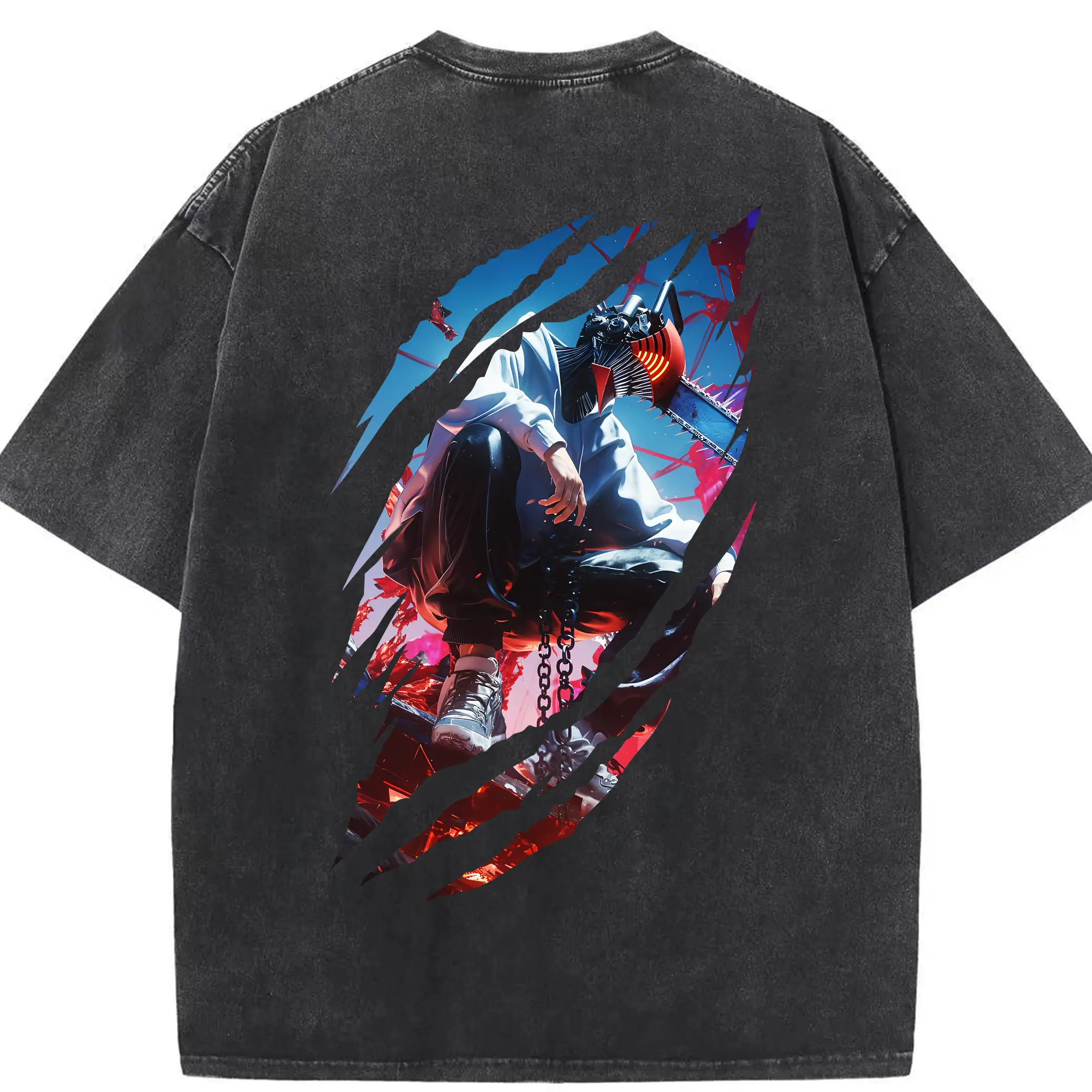 チェンソーマン グッズ,デンジ - 綿100％ ヴィンテージ風 半袖Tシャツ ・ 背面プリント ・ 柔らか肌触り ・ 通気性 快適 ・ スポーツ カジュアル 外出用