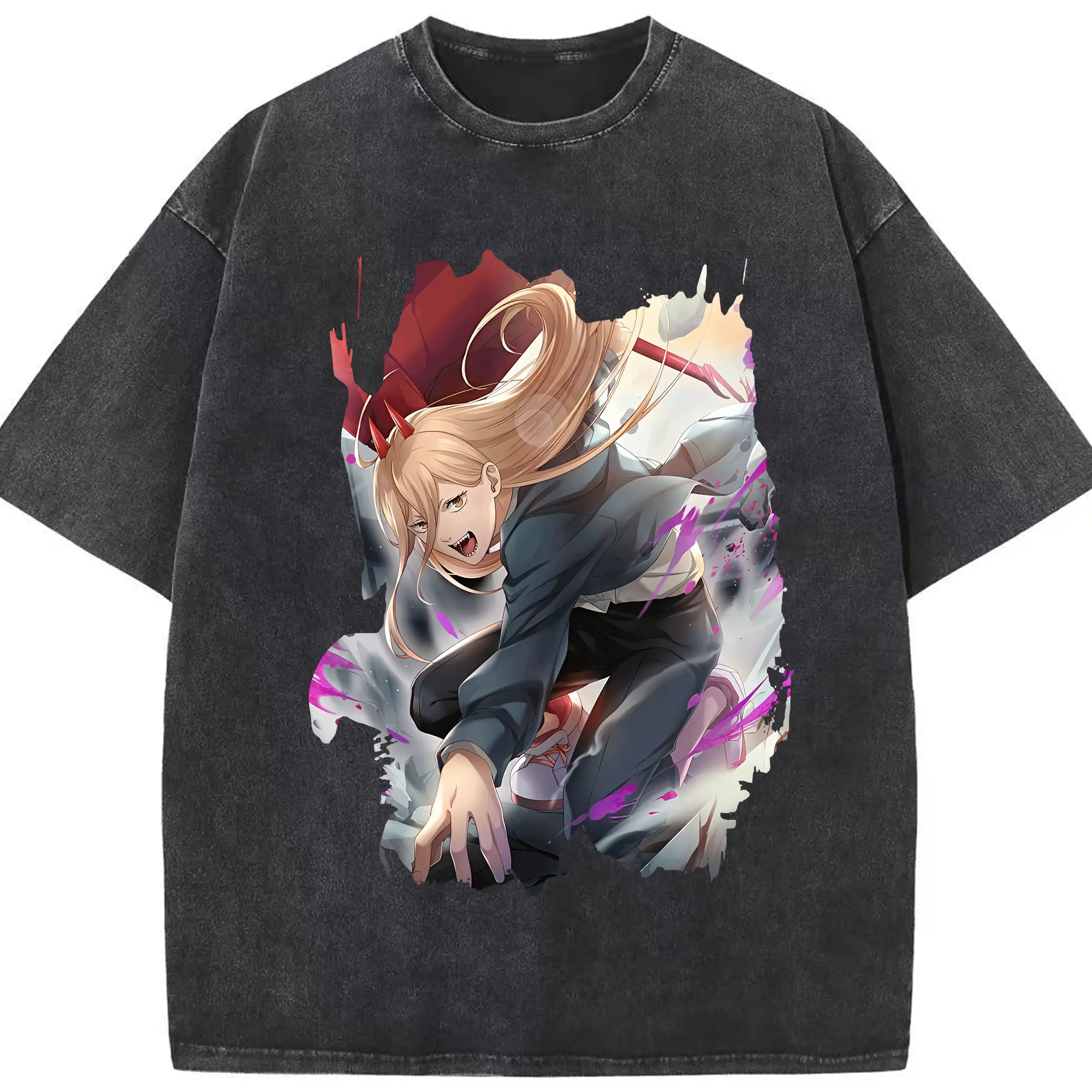 チェンソーマン グッズ,パワー - 綿100％ ヴィンテージ風 半袖Tシャツ ・ フロントプリント ・ 柔らか肌触り ・ 通気性 快適 ・ スポーツ カジュアル 外出用