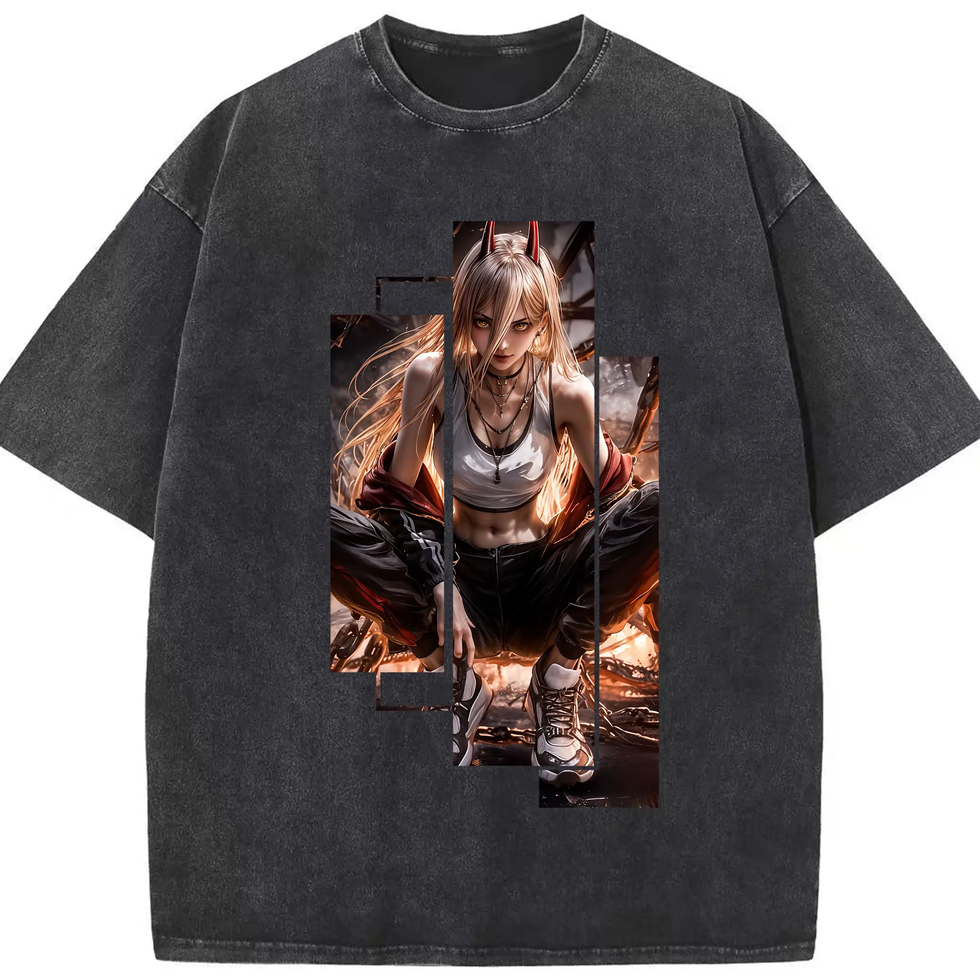 チェンソーマン グッズ,パワー - 綿100％ ヴィンテージ風 半袖Tシャツ ・ フロントプリント ・ 柔らか肌触り ・ 通気性 快適 ・ スポーツ カジュアル 外出用