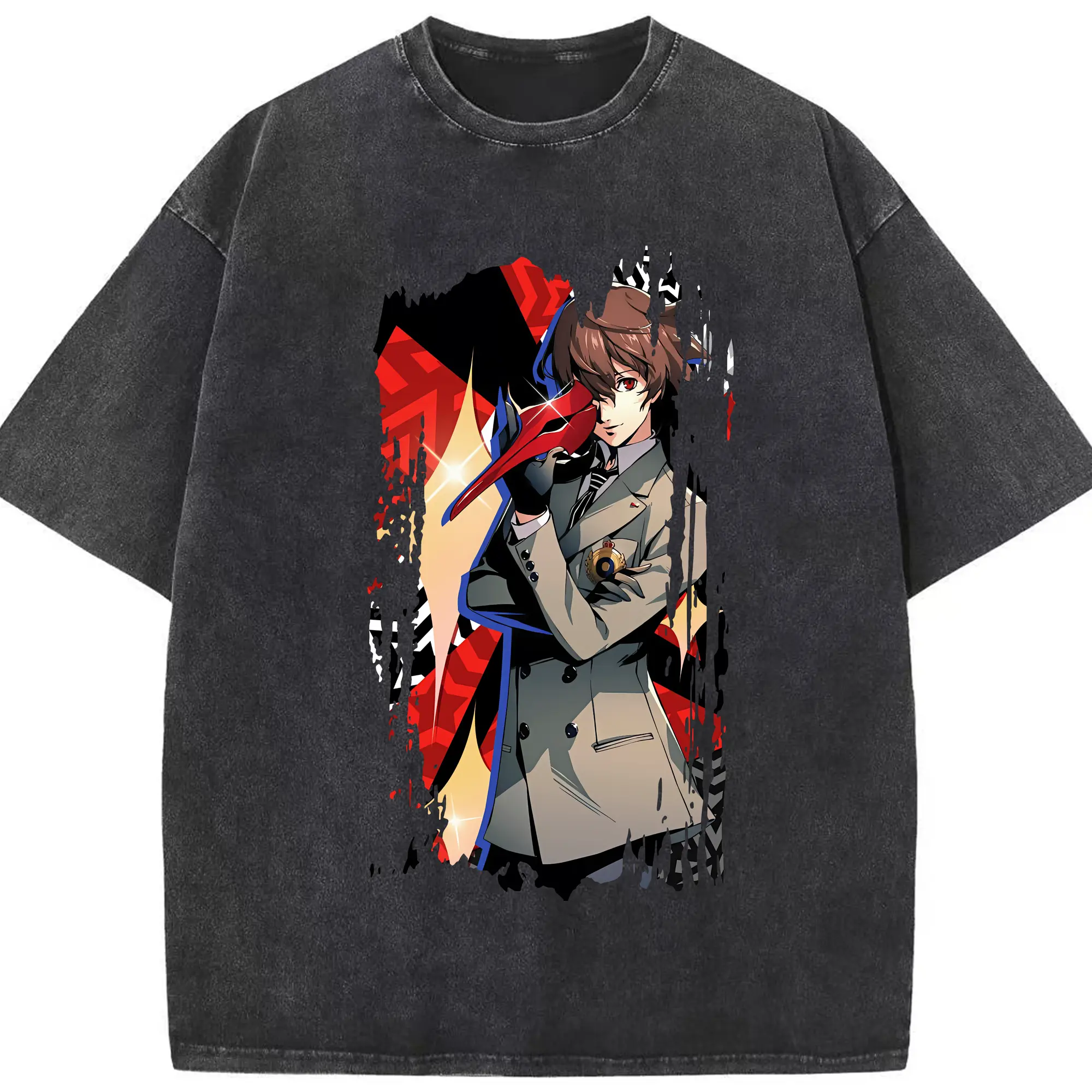 ペルソナ グッズ,明智吾郎 - 綿100％ ヴィンテージ風 半袖Tシャツ ・ フロントプリント ・ 柔らか肌触り ・ 通気性 快適 ・ スポーツ カジュアル 外出用