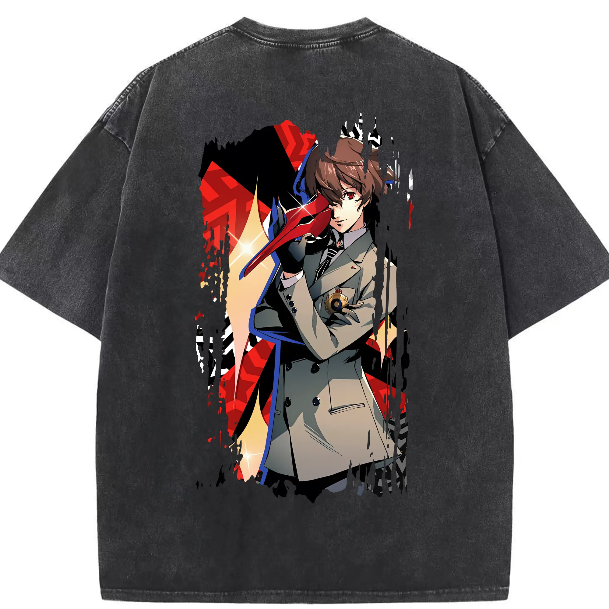 ペルソナ グッズ,明智吾郎 - 綿100％ ヴィンテージ風 半袖Tシャツ ・ 背面プリント ・ 柔らか肌触り ・ 通気性 快適 ・ スポーツ カジュアル 外出用