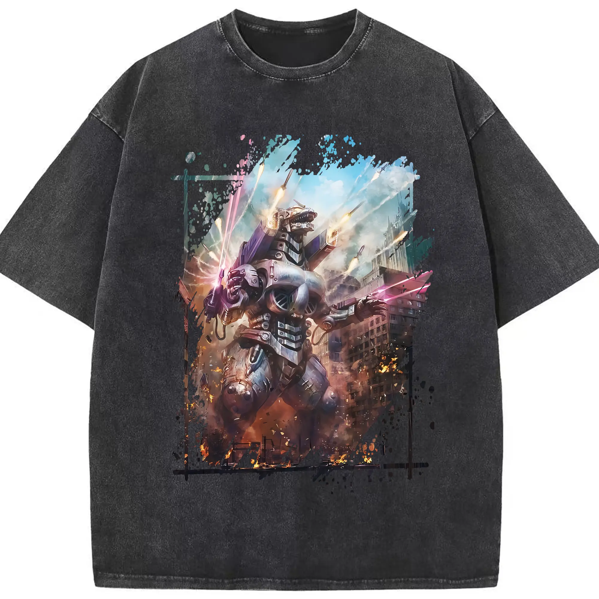 ゴジラ グッズ,メカゴジラ - 綿100％ ヴィンテージ風 半袖Tシャツ ・ フロントプリント ・ 柔らか肌触り ・ 通気性 快適 ・ スポーツ カジュアル 外出用