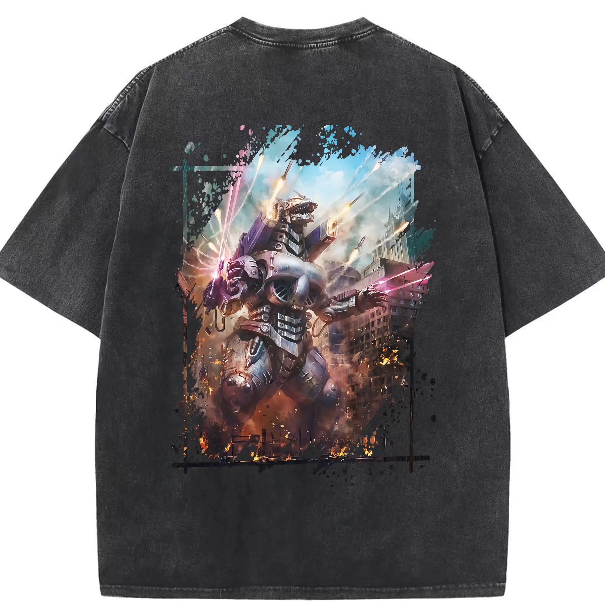 ゴジラ グッズ,メカゴジラ - 綿100％ ヴィンテージ風 半袖Tシャツ ・ 背面プリント ・ 柔らか肌触り ・ 通気性 快適 ・ スポーツ カジュアル 外出用